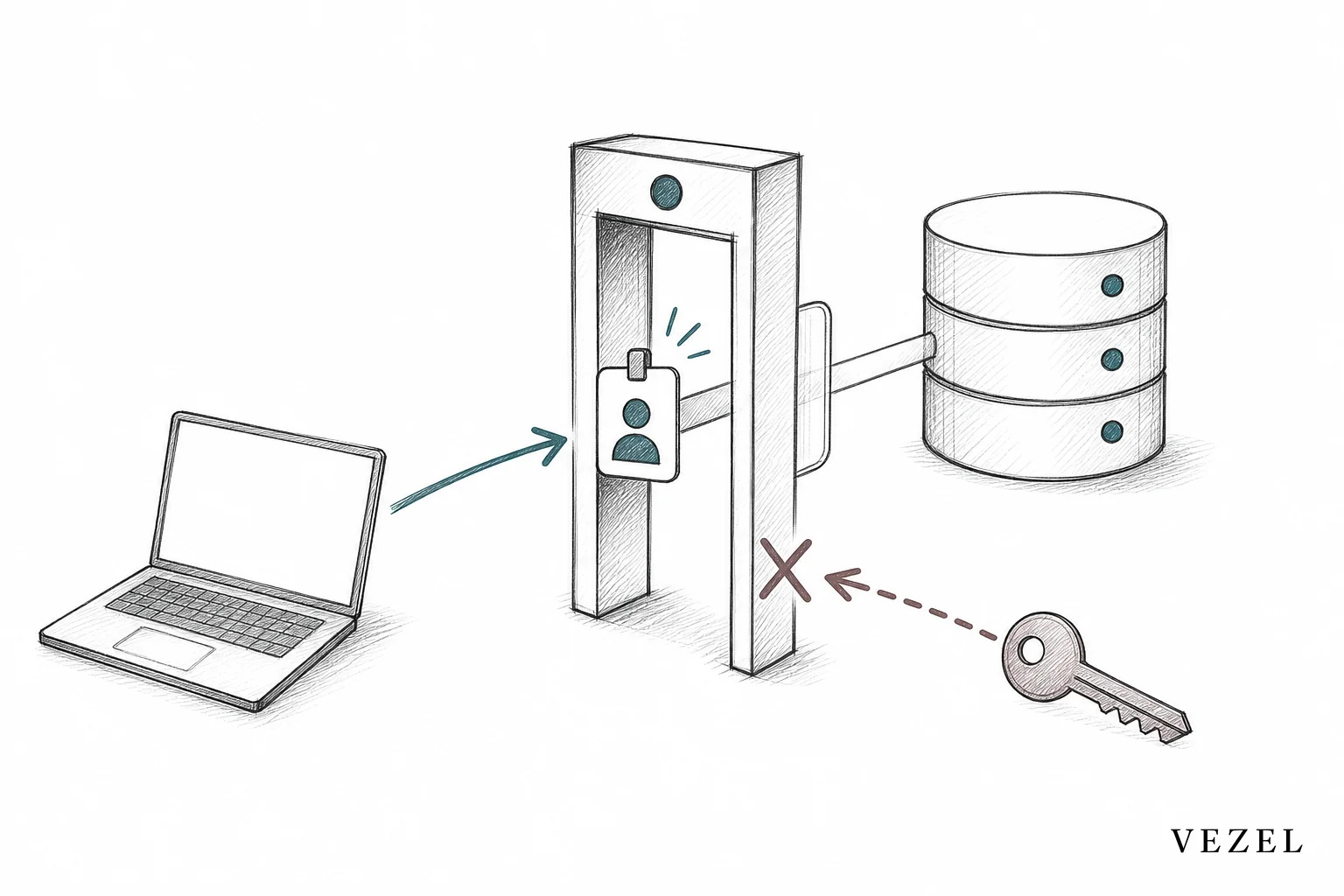 Sketch of a data request passing through a gate that checks the user's identity badge before reaching the database. sketch, hand-drawn line art with pencil crosshatching, minimal color accents in #38555e and #64524d, a single narrow gate or