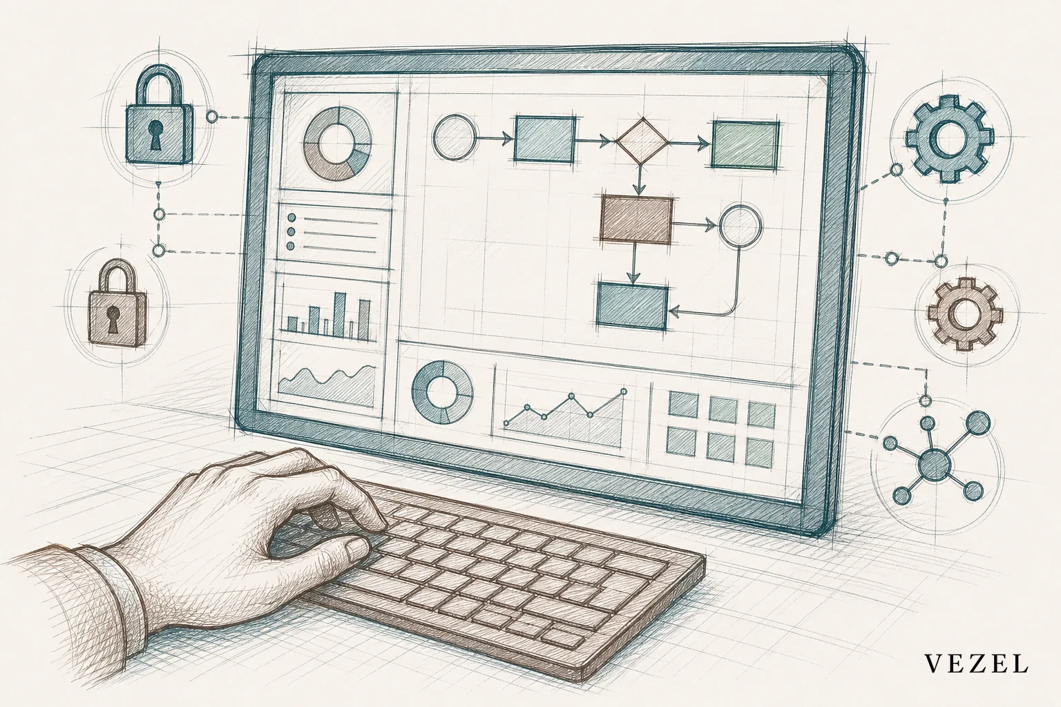 sketch, hand-drawn line art in engineering-notebook style with crosshatching, a hand typing on a keyboard in front of a large screen showing a dashboard and workflow diagram forming out of sketchy construction lines, small padlock and gear