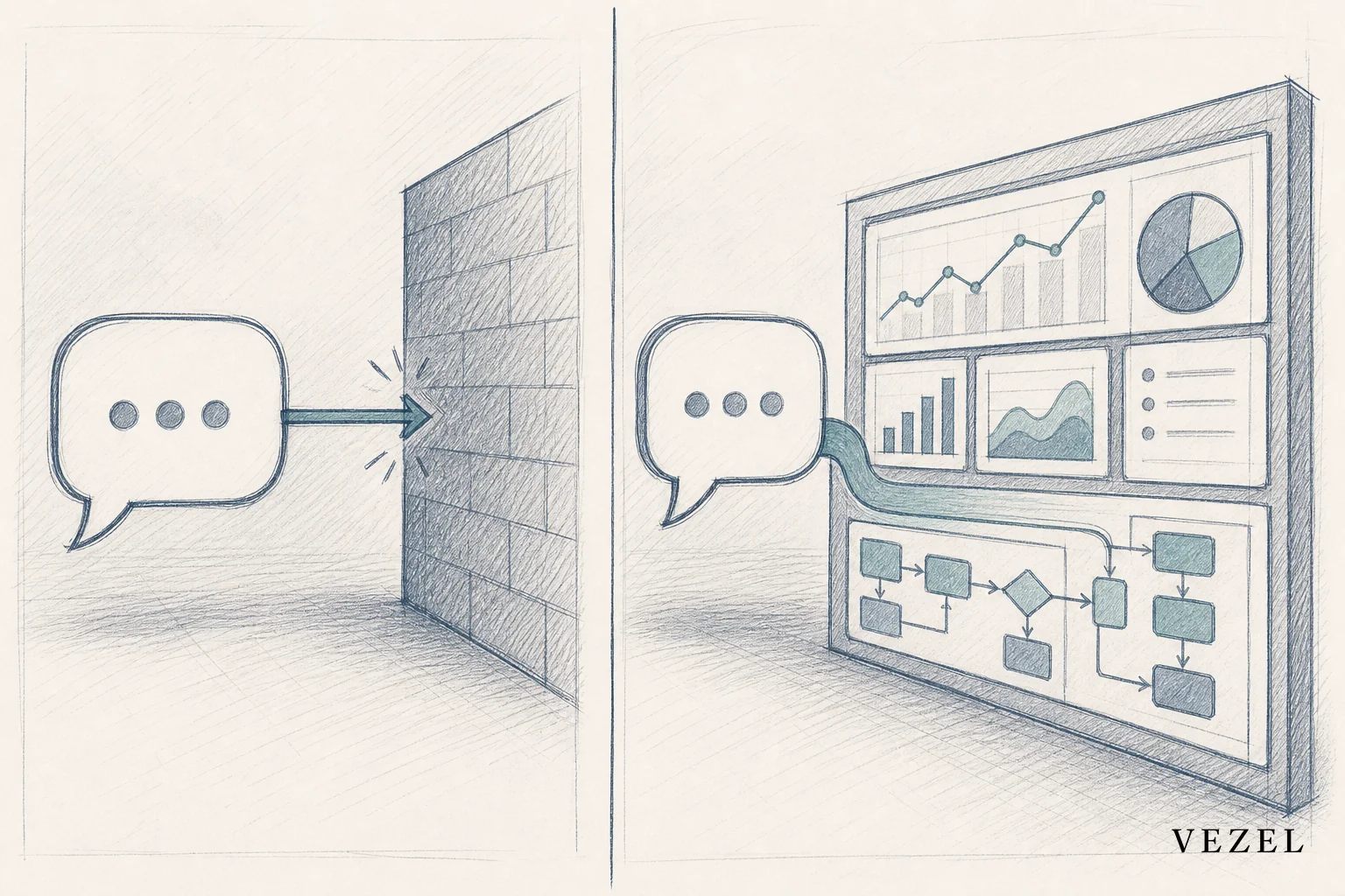 sketch, hand-drawn line art with pencil crosshatching, split composition showing two panels: left panel shows a simple chat bubble dead-ending in a wall representing a one-time answer, right panel shows a chat bubble flowing into a