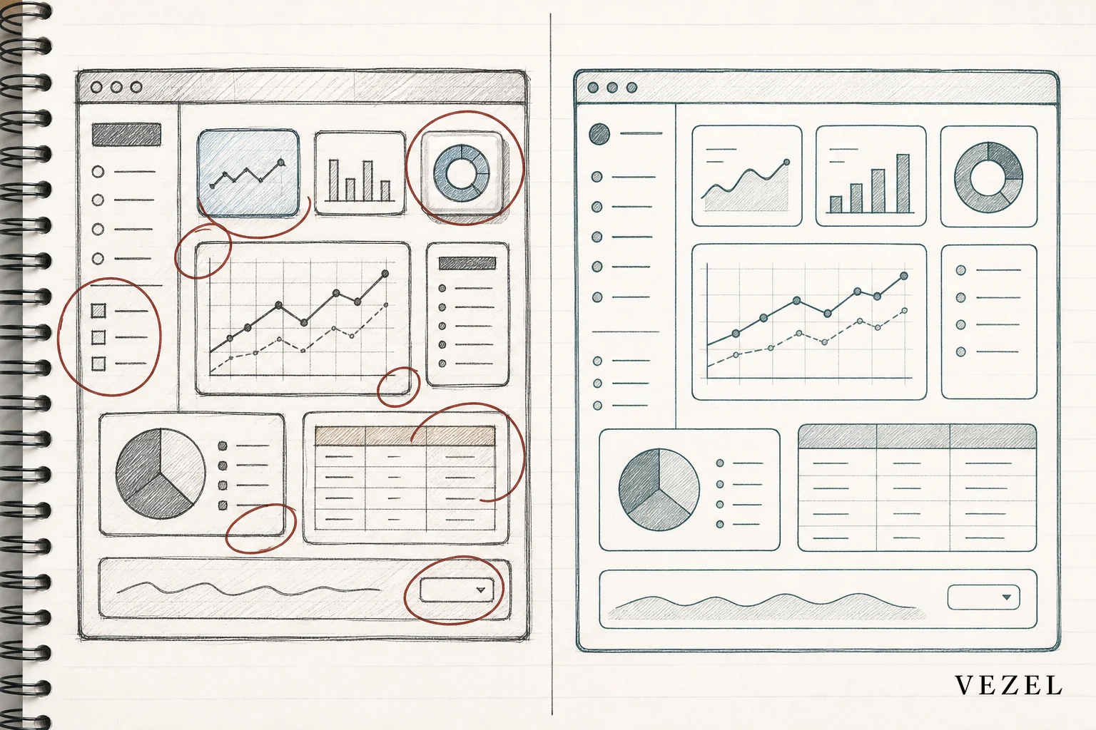 Sketch comparing a mismatched bolted-on dashboard vs a seamlessly themed one inside a software interface. sketch, hand-drawn line art with crosshatching, split composition showing two software dashboard mockups side by side, one with