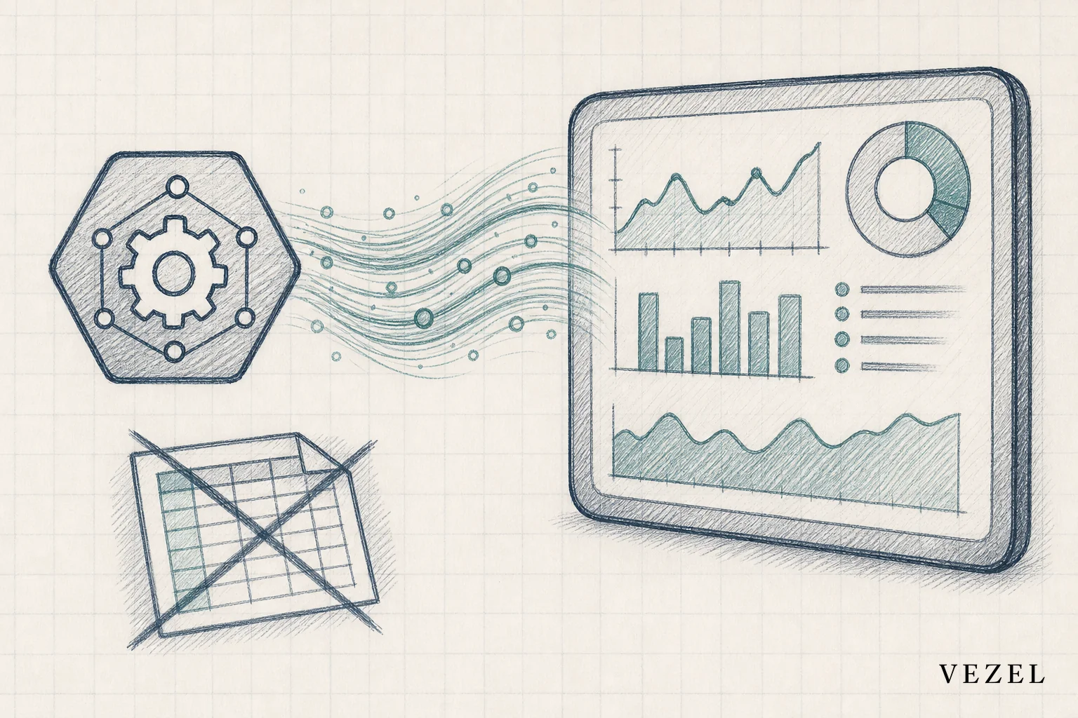 Sketch of a live data pipeline connecting an API to a dashboard, contrasted with a stale spreadsheet icon crossed out. sketch, hand-drawn line art with pencil crosshatching, illustration of a flowing data stream from an API icon into a live