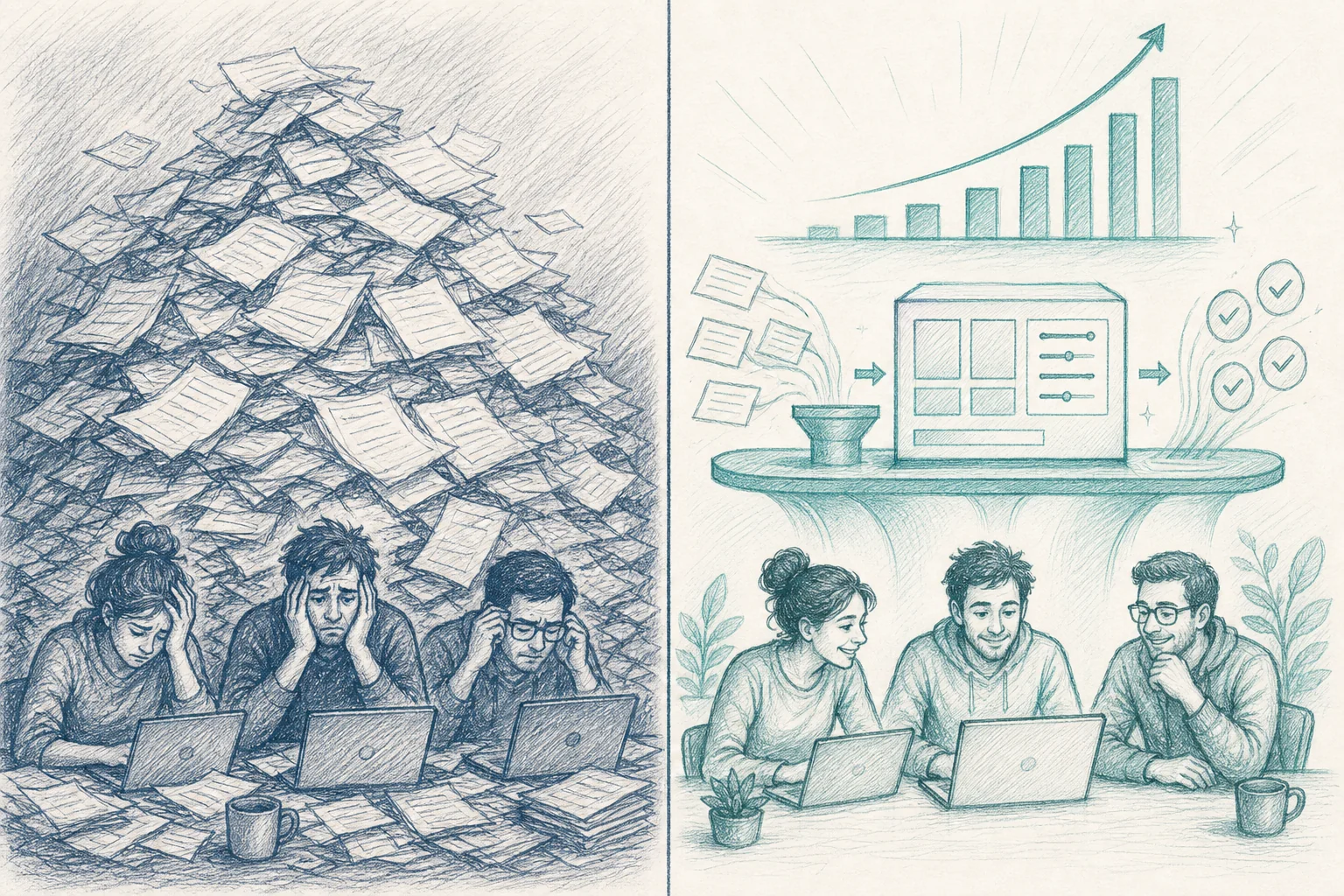 Before and after comparison showing engineering team freed from backlog with rising adoption metrics after implementing self-serve extensibility