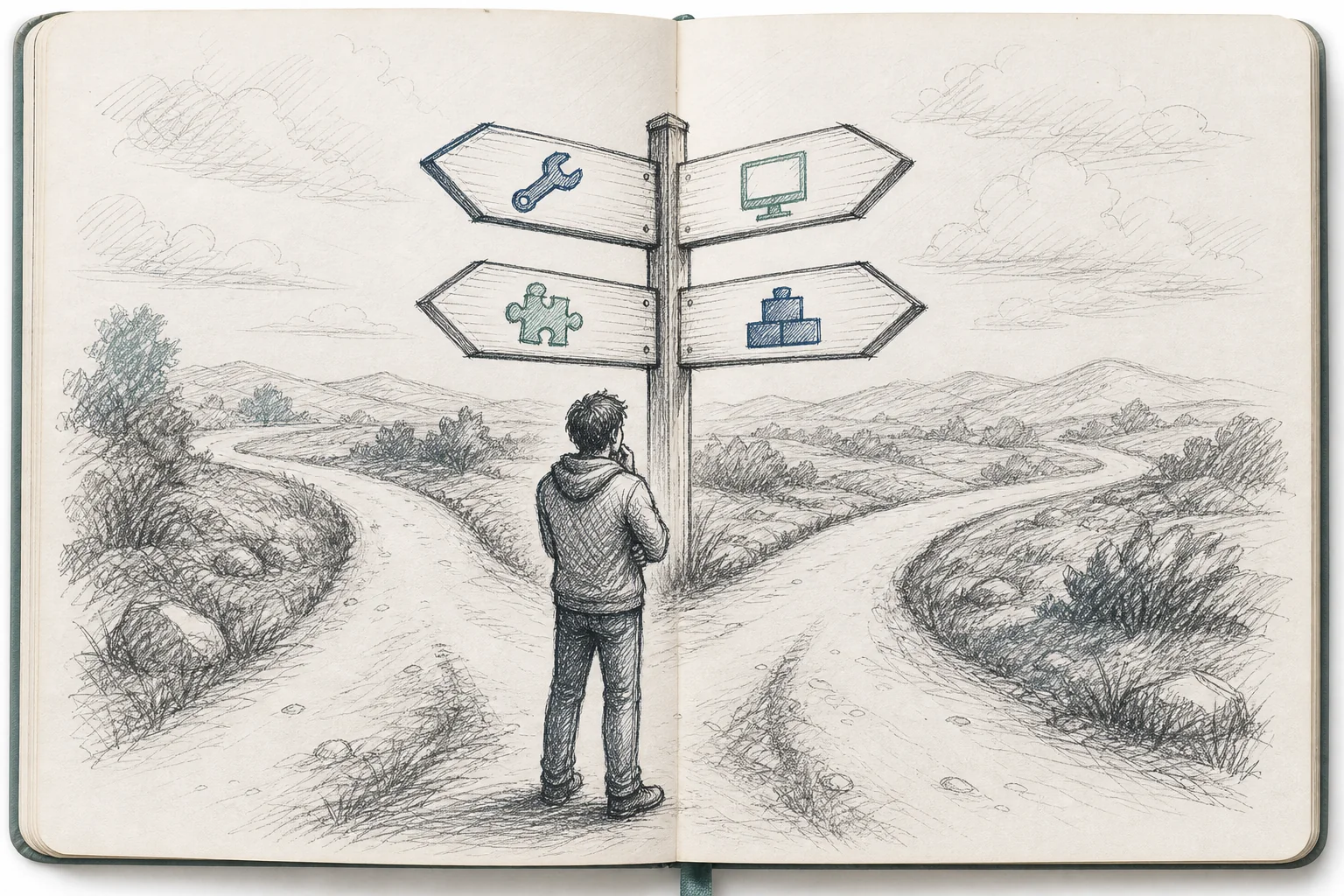 sketch, hand-drawn line art with crosshatching, minimal color accents in #2a4055 and #768d8c, a pencil-style illustration of a figure standing at a fork in a path with four signpost arrows pointing in different directions, each signpost