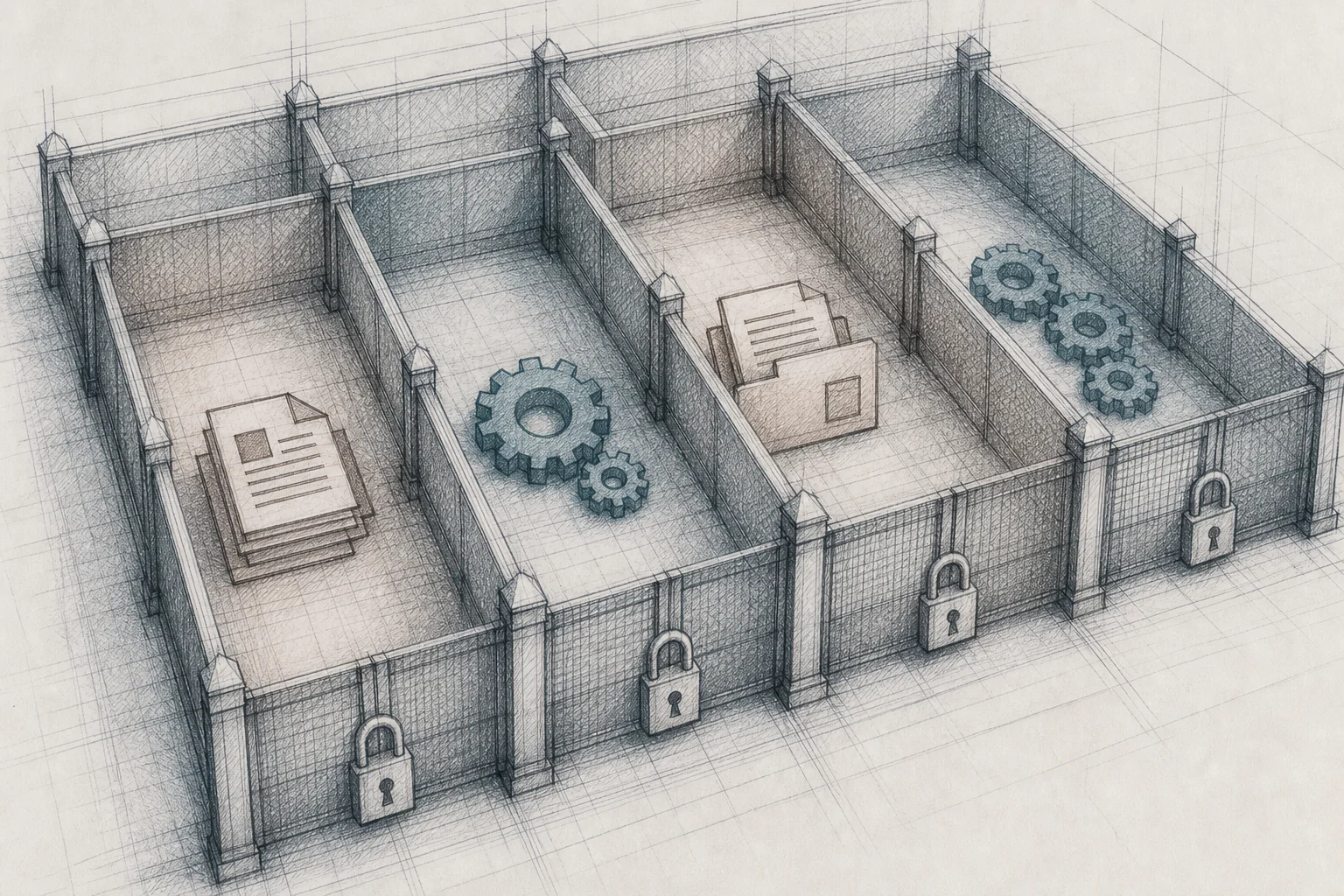 sketch, hand-drawn line art with crosshatching, minimal color washes in #38555e and #64524d, a pencil illustration of several separate fenced-in lanes or vaults each containing a small abstract icon of documents or gears, thin padlock