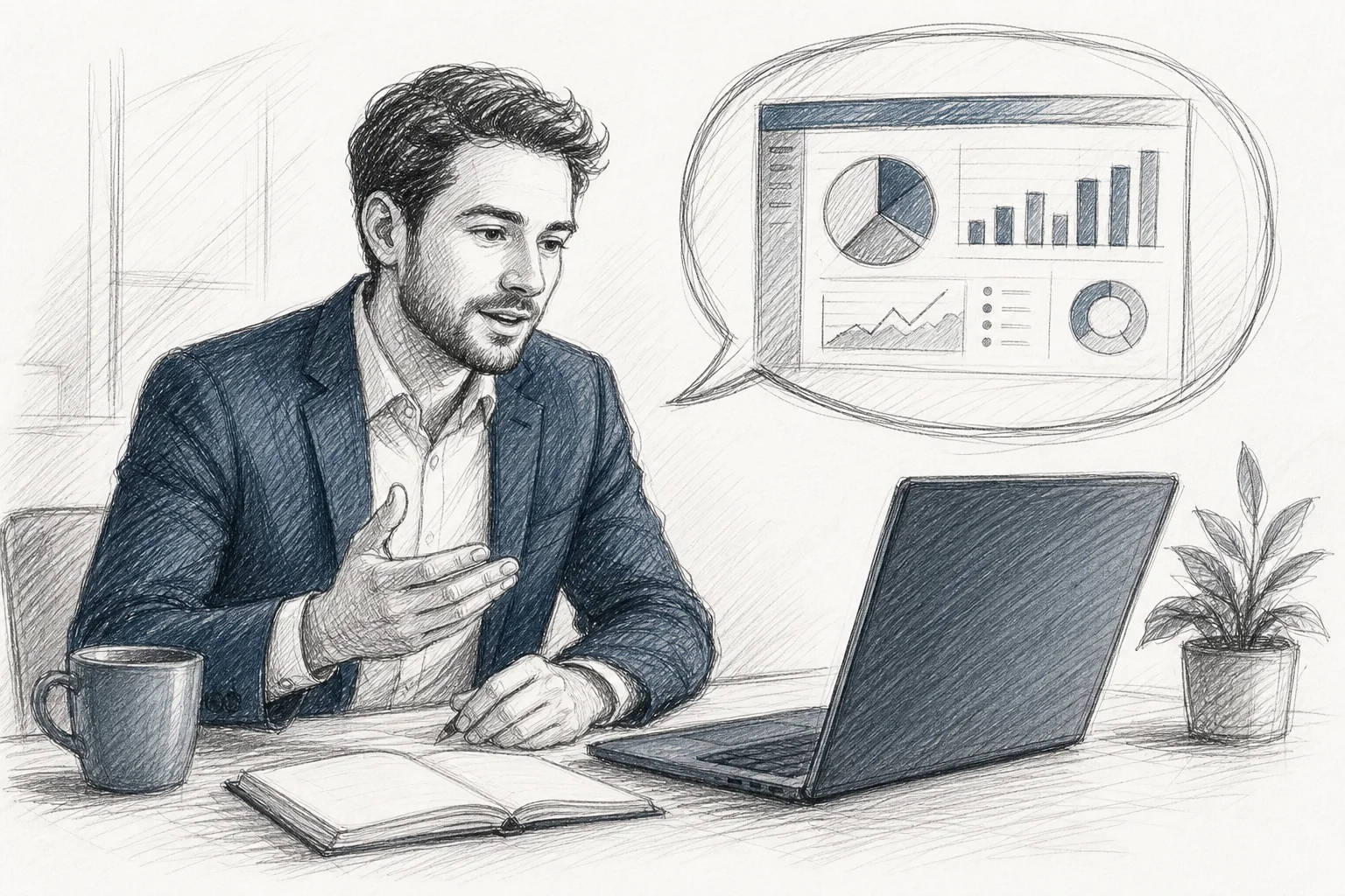 sketch, hand-drawn line art with crosshatching, minimal color accents in #2a4055 and #70828c, a pencil-style illustration of a business professional sitting at a desk speaking toward a laptop screen, simple speech-bubble made of scribbled