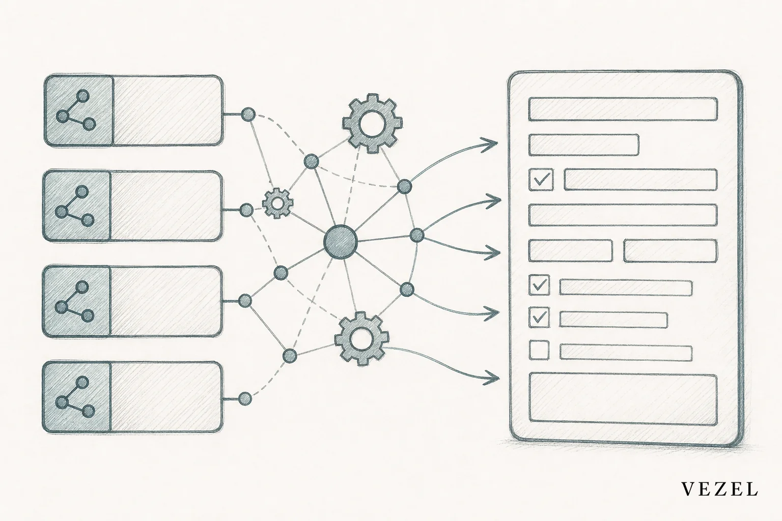 Sketch of API endpoints automatically connecting to form fields. sketch style, hand-drawn line art with pencil crosshatching, minimal color palette using #38555e and #768d8c, illustration of interconnected nodes and small gear icons linking