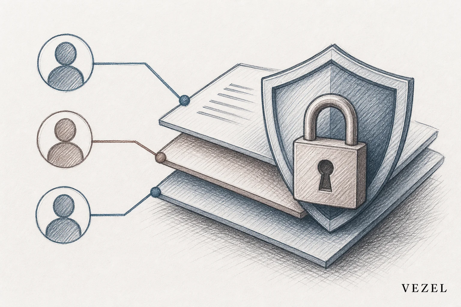 Sketch of a padlock and shield motif layered over a form to represent permission inheritance. sketch style, hand-drawn line art with pencil crosshatching, minimal color using #2a4055 and #64524d, illustration of a shield and padlock