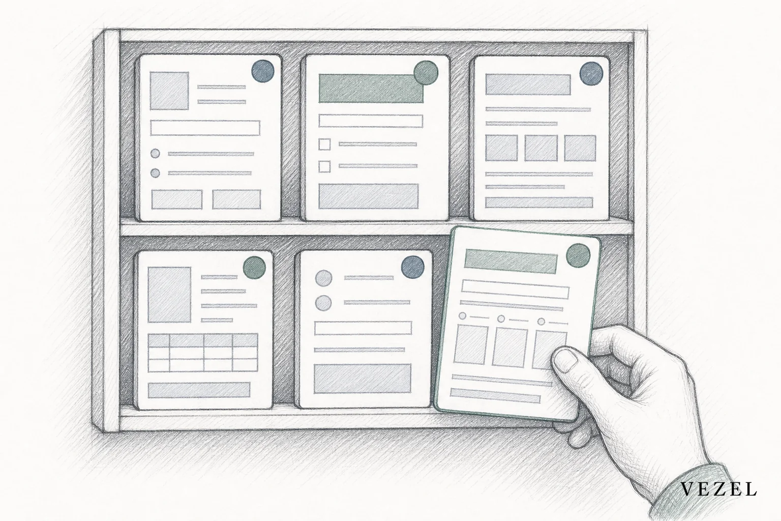 Sketch of a marketplace shelf with versioned form templates ready to publish. sketch style, hand-drawn line art with pencil crosshatching, minimal color using #70828c and #768d8c, illustration of a small shelf or grid displaying several