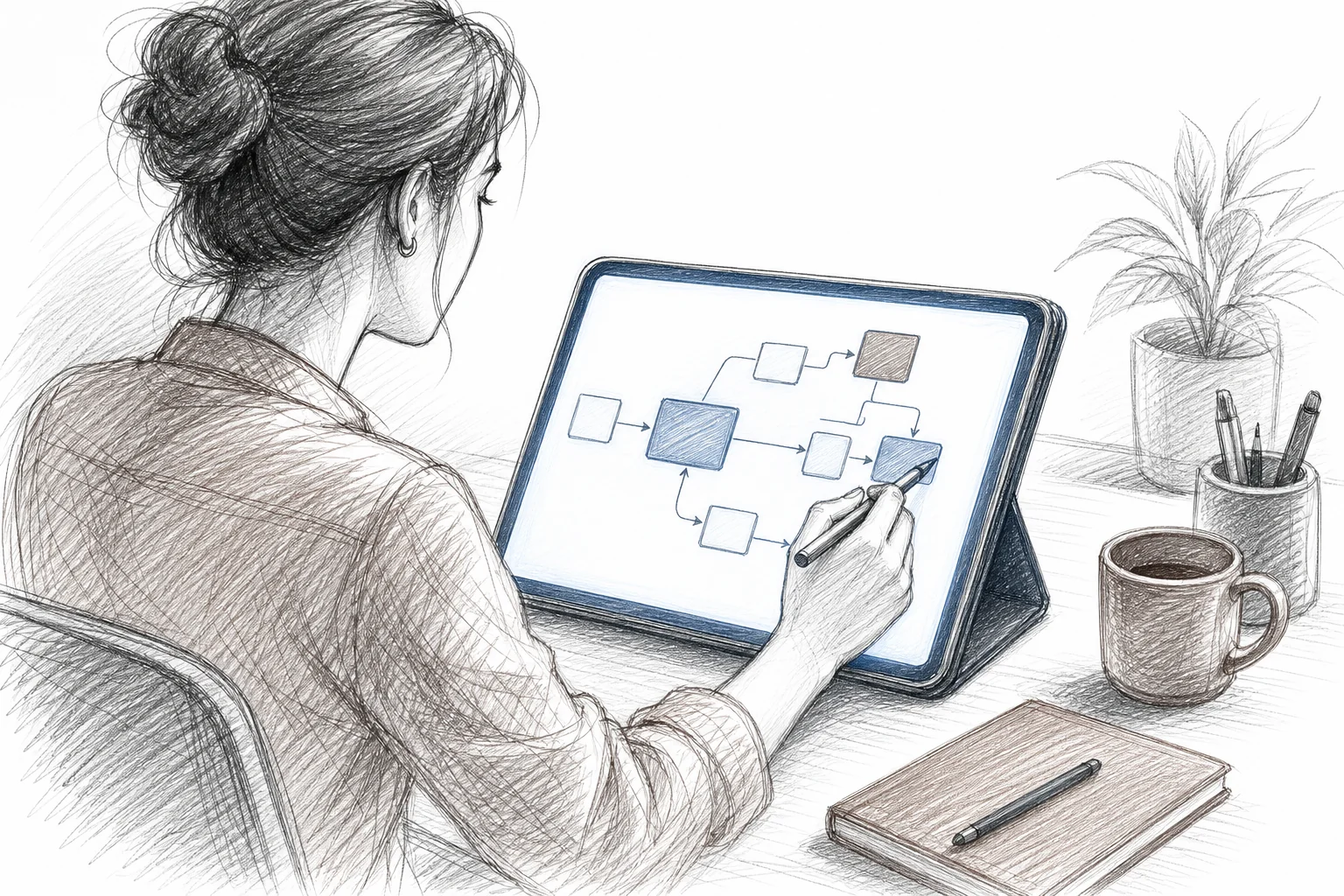 A sketch of an HR administrator building a workflow diagram on a tablet or screen inside a software interface, representing self-serve no-code workflow creation. sketch, hand-drawn line art pencil sketch style with crosshatching and minimal