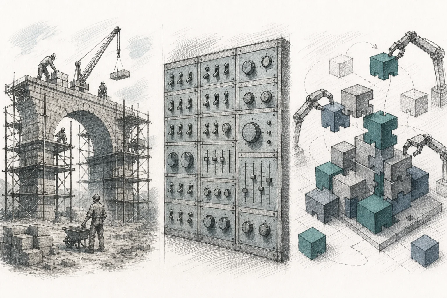 A sketch style visual comparing three paths side by side: a slow custom-built bridge, a rigid toggle panel, and a flexible modular building-block structure, symbolizing the three approaches to customization. sketch, hand-drawn line art