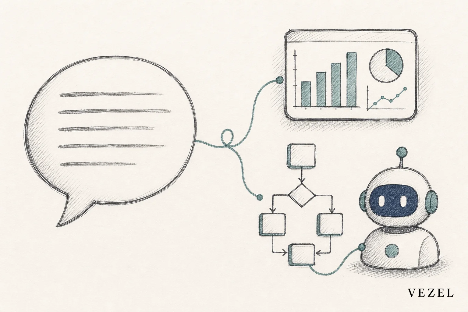 A hand-drawn sketch of a speech bubble with simple text lines transforming into a dashboard and workflow diagram, representing natural language prompts becoming live software extensions. sketch, hand-drawn line art with pencil