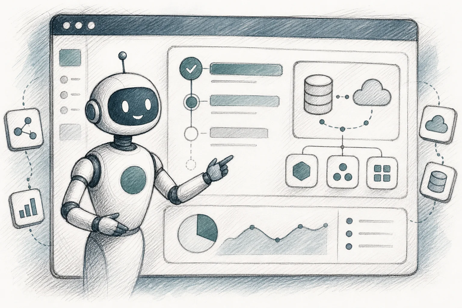 sketch style, hand-drawn line art with crosshatching and minimal color washes in deep teal and slate (#38555e, #2a4055, #768d8c), an illustration of a friendly abstract robot or assistant figure standing inside a stylized software dashboard