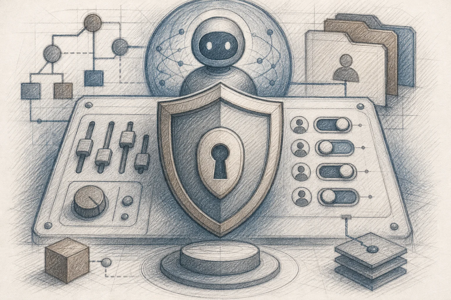 A visual representation of security and governance controls surrounding an embedded AI agent before it goes live. sketch style, hand-drawn pencil line art with crosshatching, muted color palette of deep blue-gray and warm brown tones