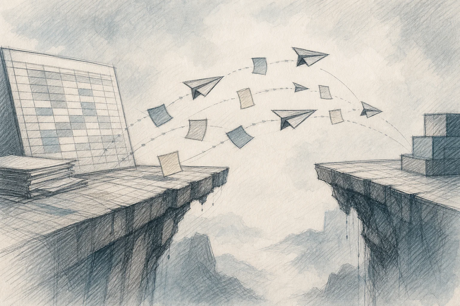 Sketch of a broken bridge with paper workarounds flying across the gap between two disconnected systems
