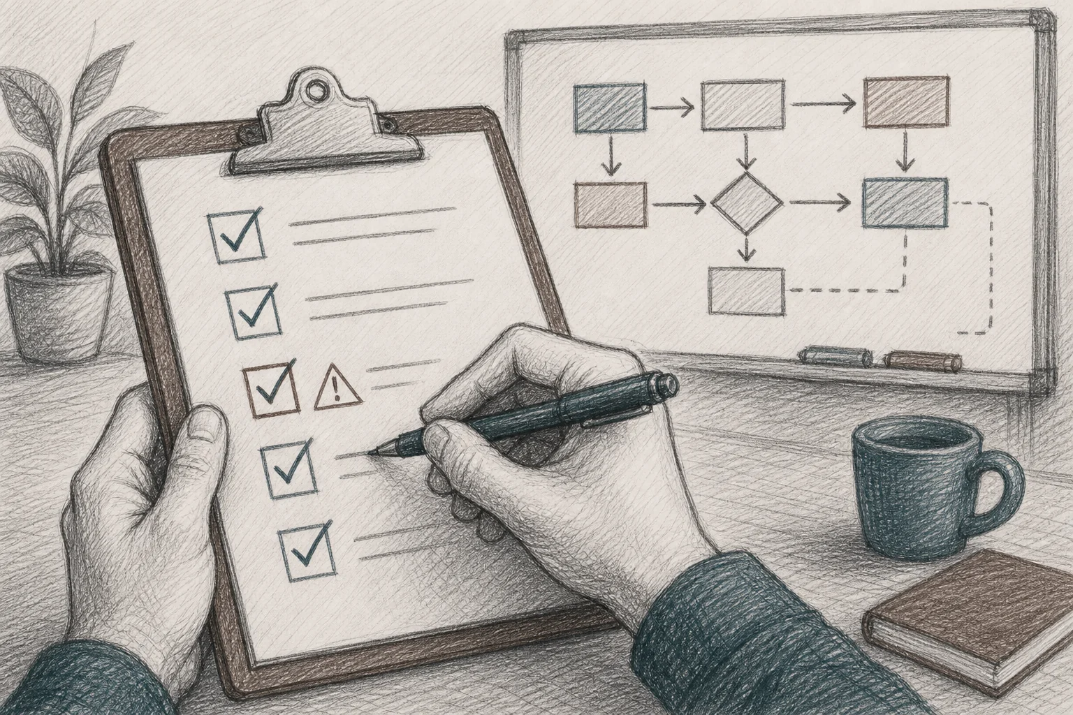 Product leader checking off items on a churn-risk audit checklist with a workflow map sketched in the background
