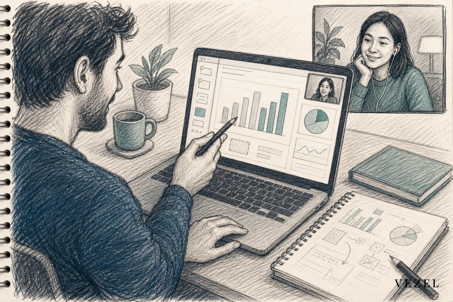 Sketch of a sales engineer demo scene building a report live on screen for a prospect. sketch, hand-drawn line art with crosshatching, muted color accents in #2a4055 and #768d8c, a person sitting at a laptop during a video call demo, screen
