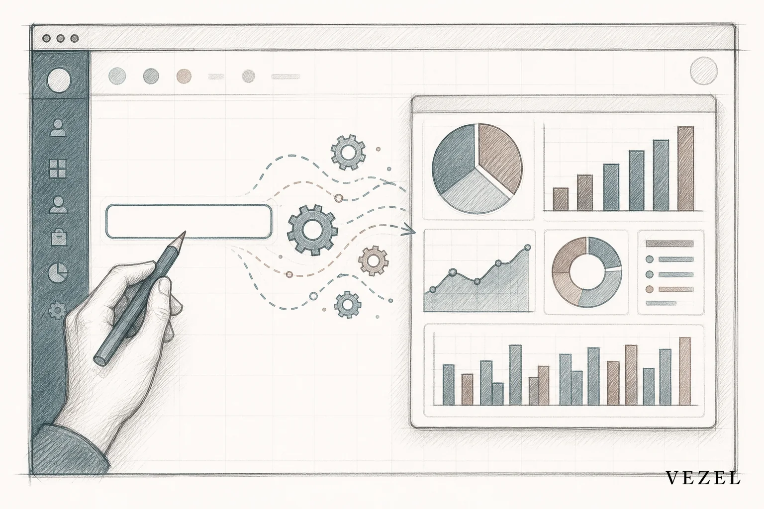Sketch showing a plain-English prompt transforming into a live dashboard inside a CRM interface. sketch, hand-drawn line art with pencil crosshatching and soft color washes in #38555e and #64524d, a hand or pencil pointing at a simple text