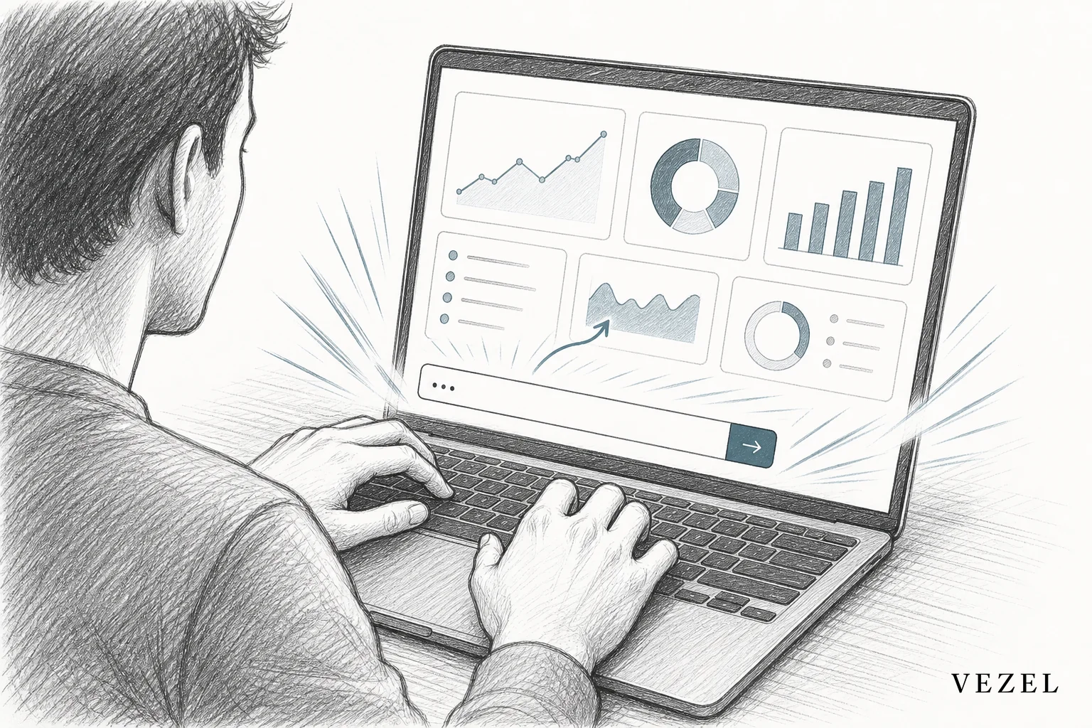 Person typing a plain English request into a text box that generates a dashboard interface. sketch, hand-drawn pencil line art with crosshatching, minimal color accents in #38555e and #70828c, illustrating a person typing a short text