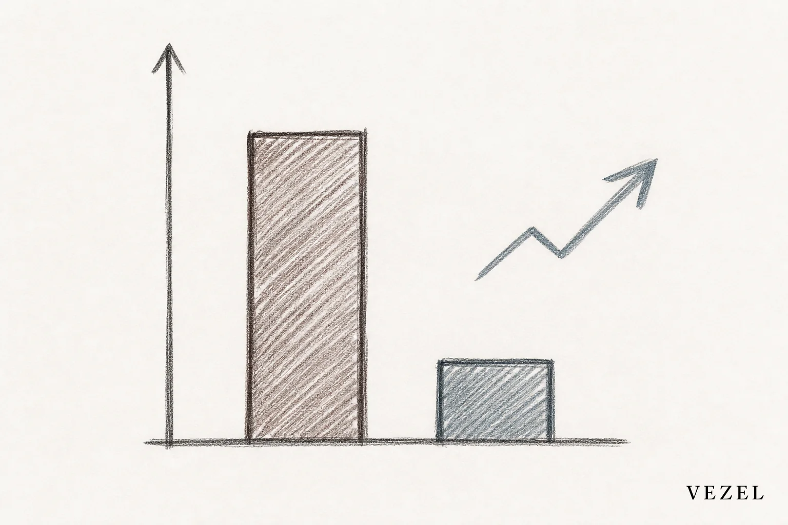 sketch, hand-drawn pencil line art with crosshatching, minimal color accents in #64524d and #70828c, depicting a simple bar chart drawn by hand showing two bars representing sales cycle length, one tall labeled shorter and one short, with a