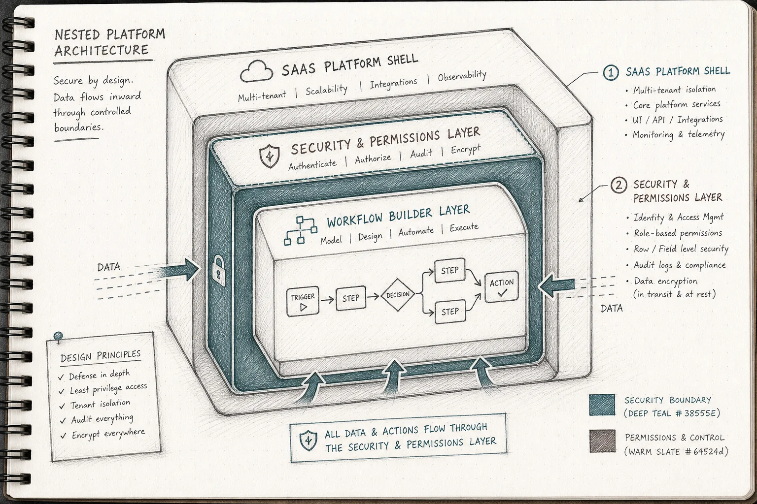 Layered security architecture diagram showing SaaS platform with embedded workflow builder inheriting authentication and permissions