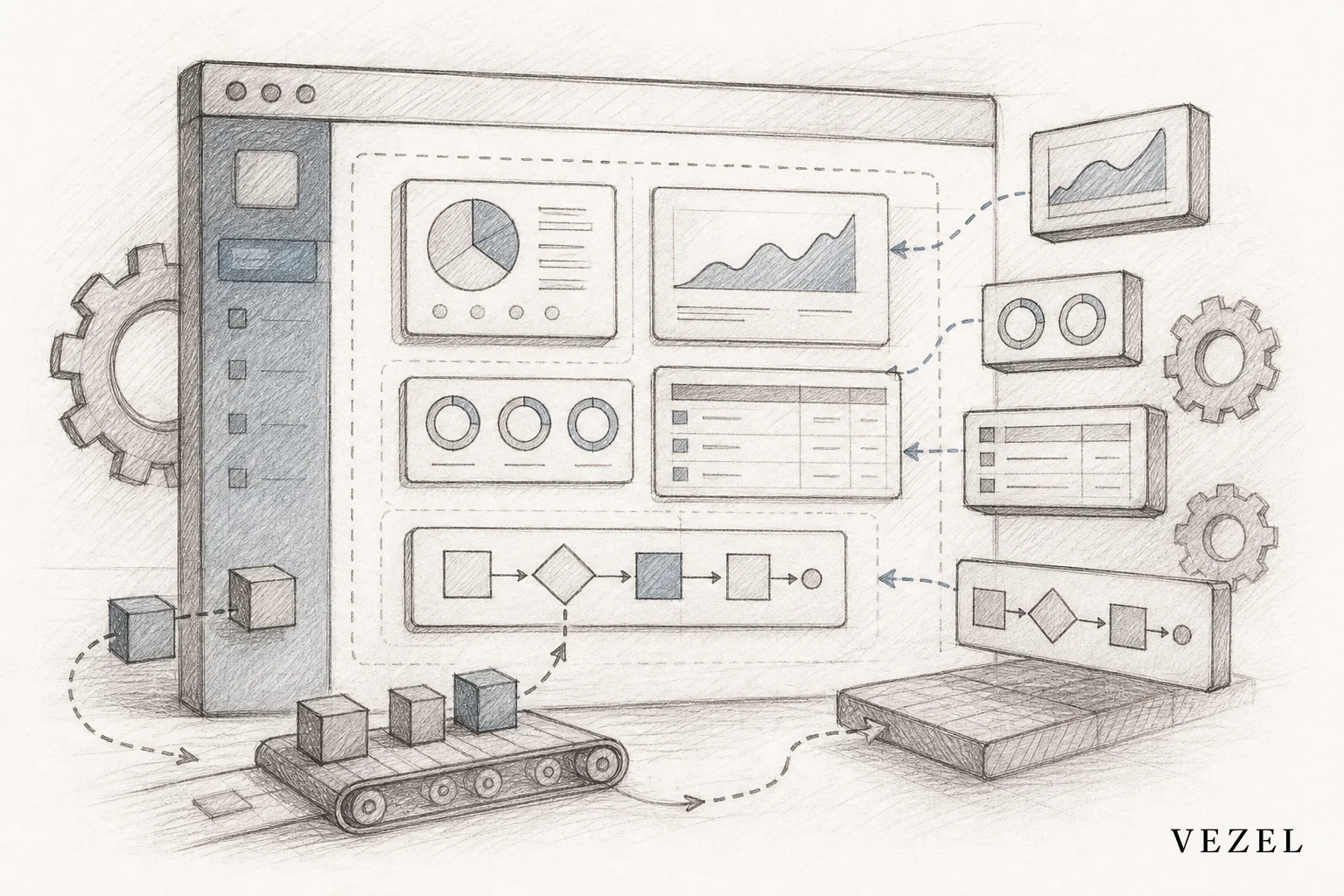 sketch, hand-drawn line art pencil sketch with crosshatching and minimal color, an abstract interface panel embedded inside a larger software window, with small modular blocks representing dashboards, workflows, and forms assembling