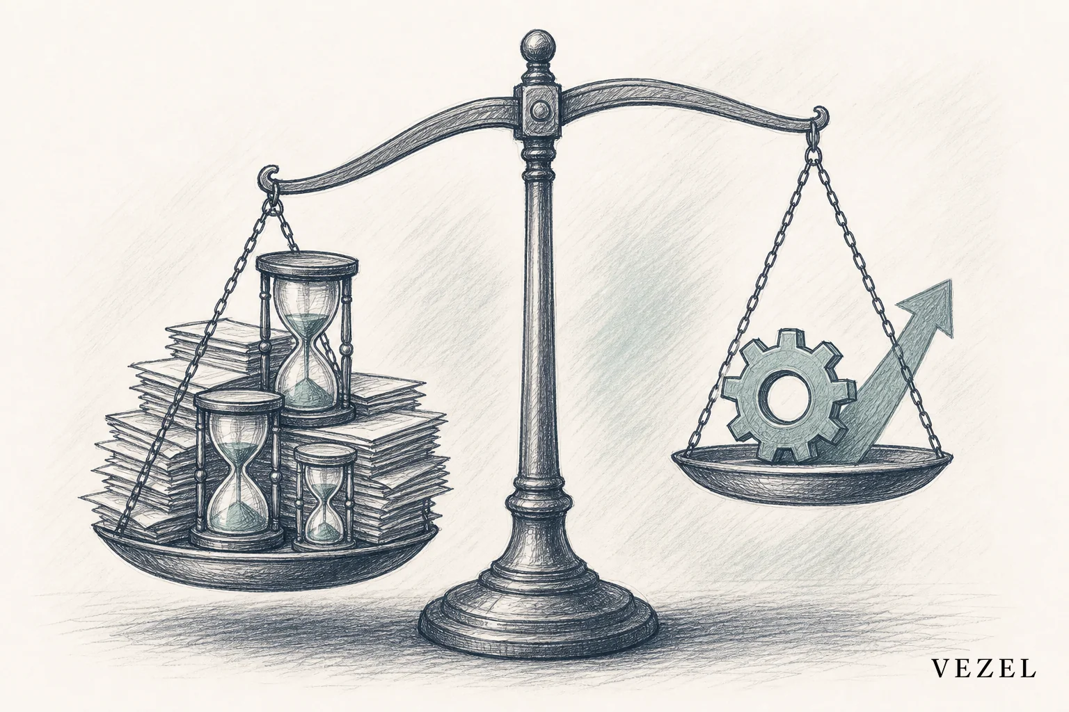 sketch, hand-drawn line art pencil sketch with crosshatching and minimal color, an old-fashioned balance scale with one side weighed down by stacks of paper and hourglasses representing billable hours, the other side light and balanced with