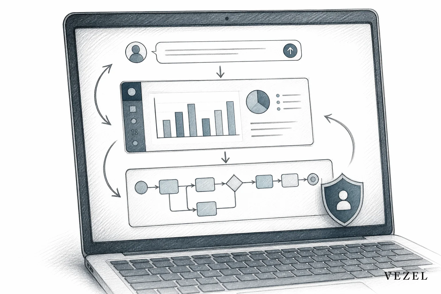 Illustration of plain-English prompt turning into a native dashboard and workflow inside a host software product, with security shield motif. sketch, hand-drawn line art pencil sketch with crosshatching, subtle color washes in #38555e and