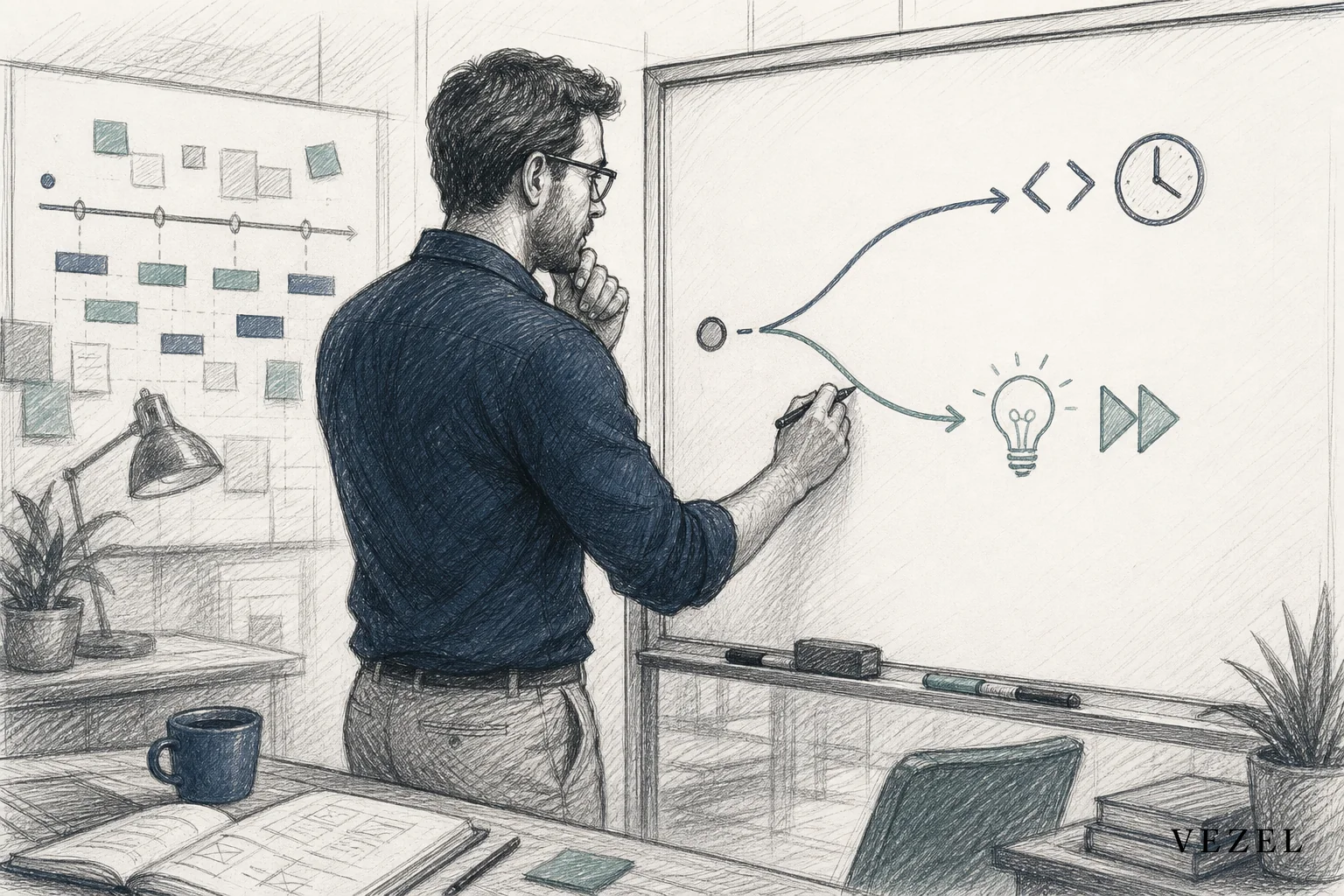 sketch, hand-drawn line art pencil sketch with crosshatching, muted color accents in #2a4055 and #768d8c, a product leader standing at a whiteboard sketching two diverging paths, one path labeled with icons of code brackets and a slow