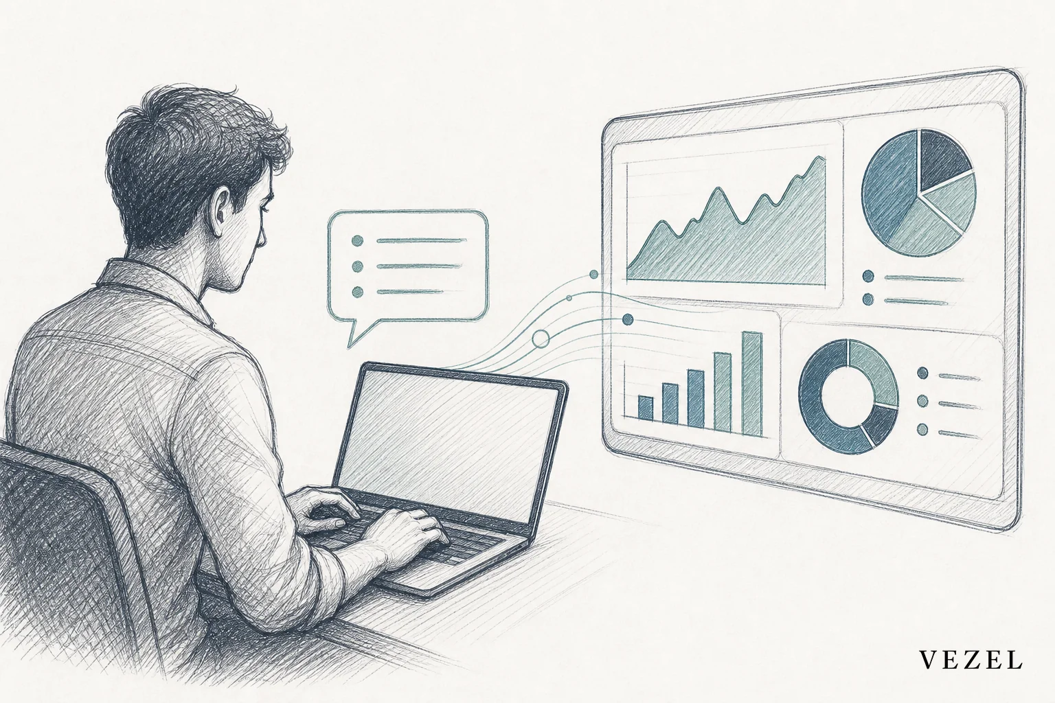 sketch style hand-drawn line art pencil sketch with crosshatching, minimal color using brand palette (#2a4055, #38555e, #768d8c): a person typing on a laptop with a speech-bubble-like text box, and a live dashboard with charts and graphs