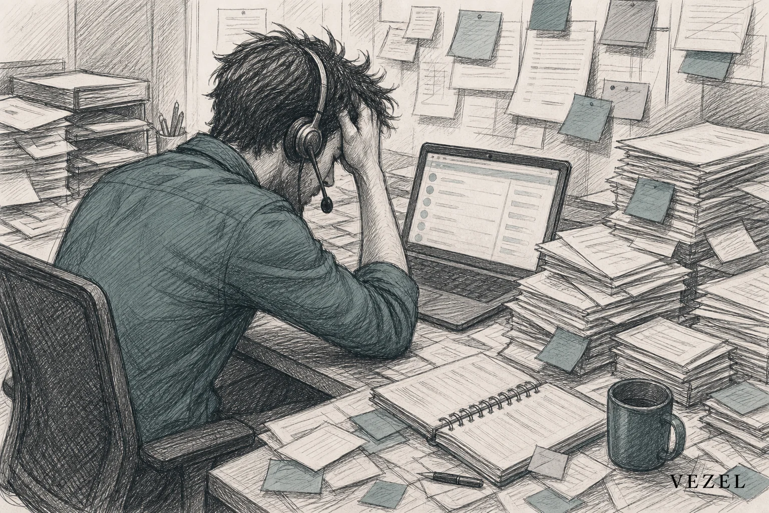 sketch style hand-drawn line art pencil sketch with crosshatching, minimal color using muted tones (#2a4055, #38555e, #768d8c): a customer support engineer at a desk buried under stacks of paper tickets and sticky notes, laptop screen