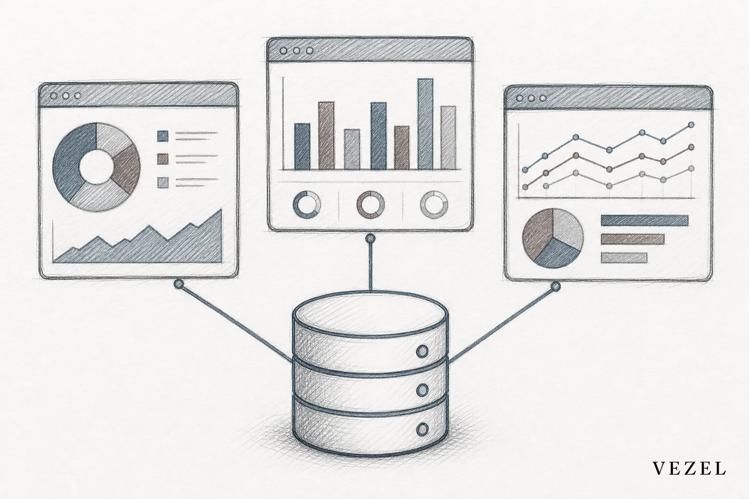 sketch style hand-drawn line art pencil sketch with crosshatching, minimal color using brand tones (#2a4055, #64524d, #70828c): a central database cylinder icon with three separate dashboard screens branching from it, each showing different