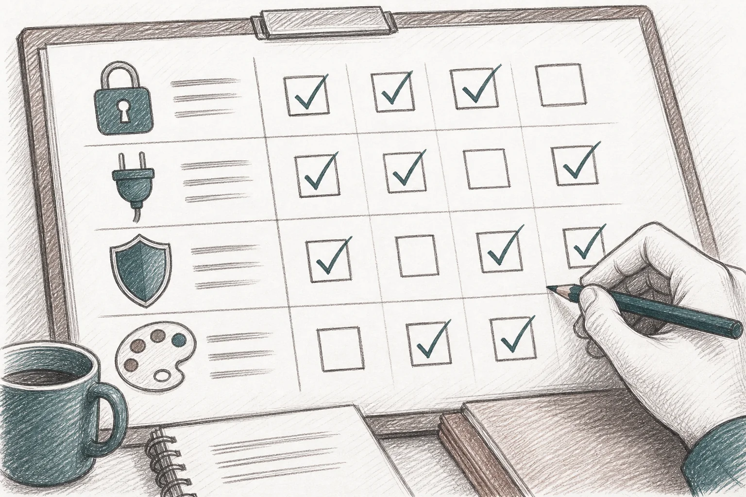 Hand-drawn evaluation checklist for SaaS vendors assessing an embedded AI extension builder platform