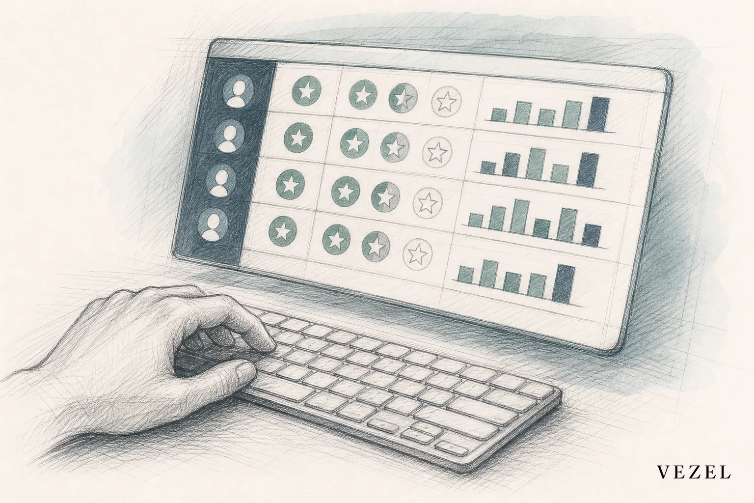 sketch, hand-drawn line art pencil sketch with crosshatching, a hand typing on a keyboard beneath a floating screen displaying a scorecard grid with rating icons and small bar graphs, subtle color washes in #768d8c and #2a4055, modern