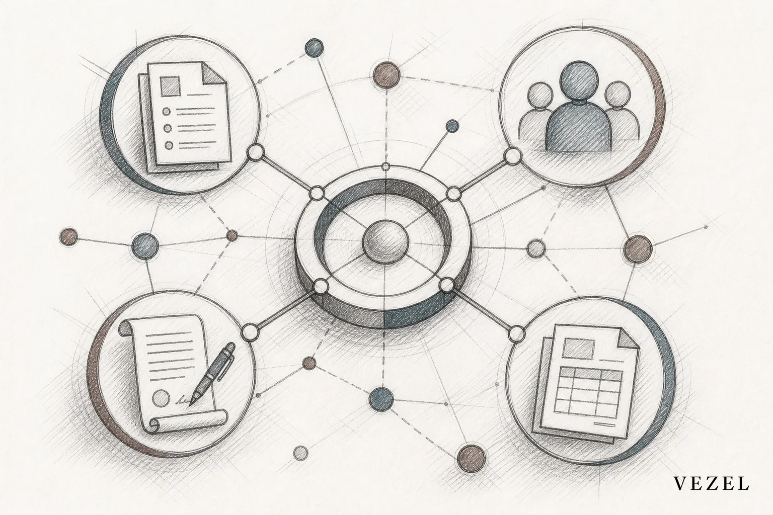 sketch, hand-drawn line art pencil sketch with crosshatching, an abstract network diagram showing connected nodes labeled with simple icons for purchase orders, suppliers, contracts, and invoices linking into a central hub, minimal color