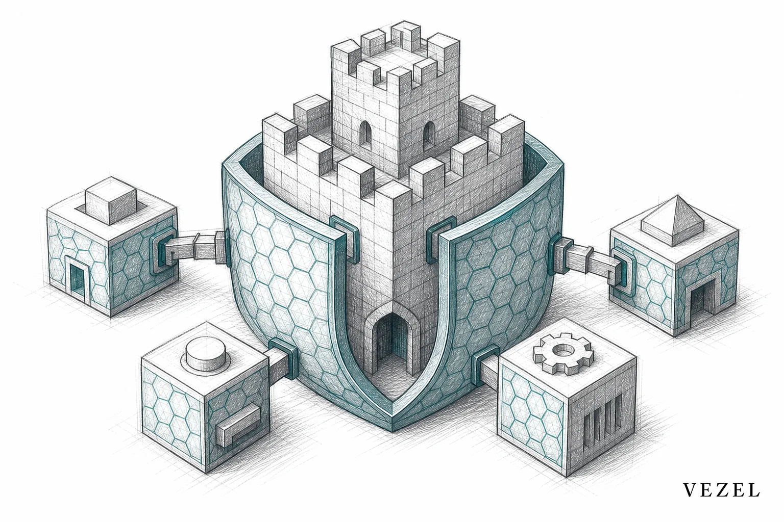 A sketch showing a single unified structure where new modules plug directly into an existing secure core, inheriting its protective shell. sketch, hand-drawn line art with pencil crosshatching, accent colors in #2a4055 and #768d8c: an