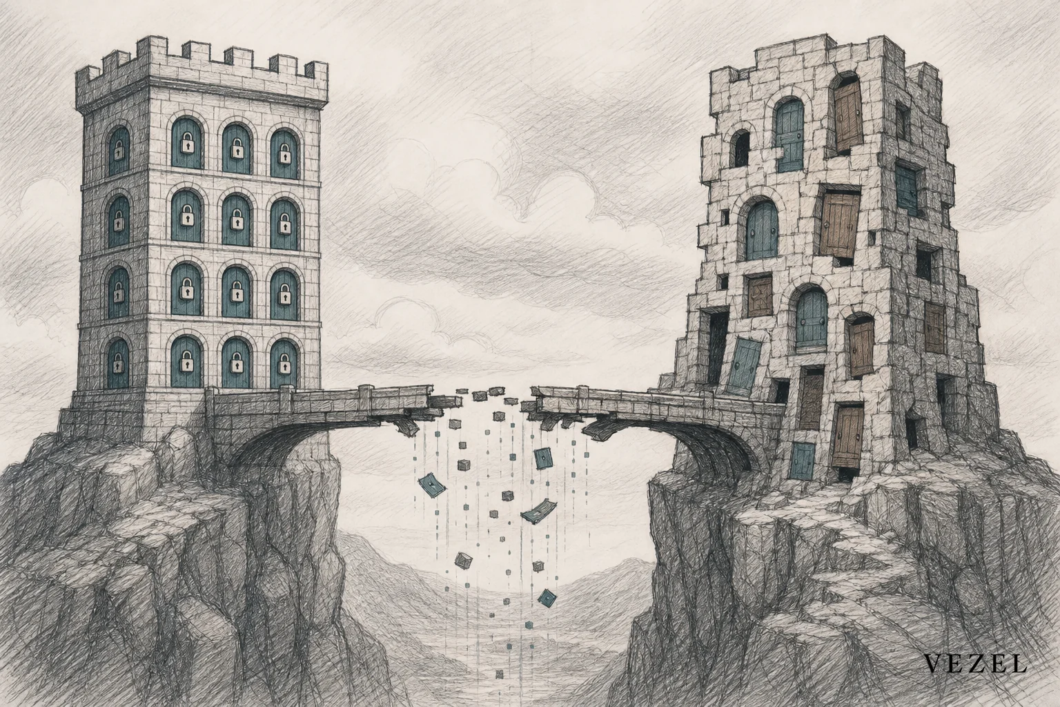 A sketch of a broken bridge or disconnected pipeline representing an external tool disconnected from the host platform's identity system. sketch, hand-drawn line art with pencil crosshatching, muted color accents in #38555e and #64524d: an