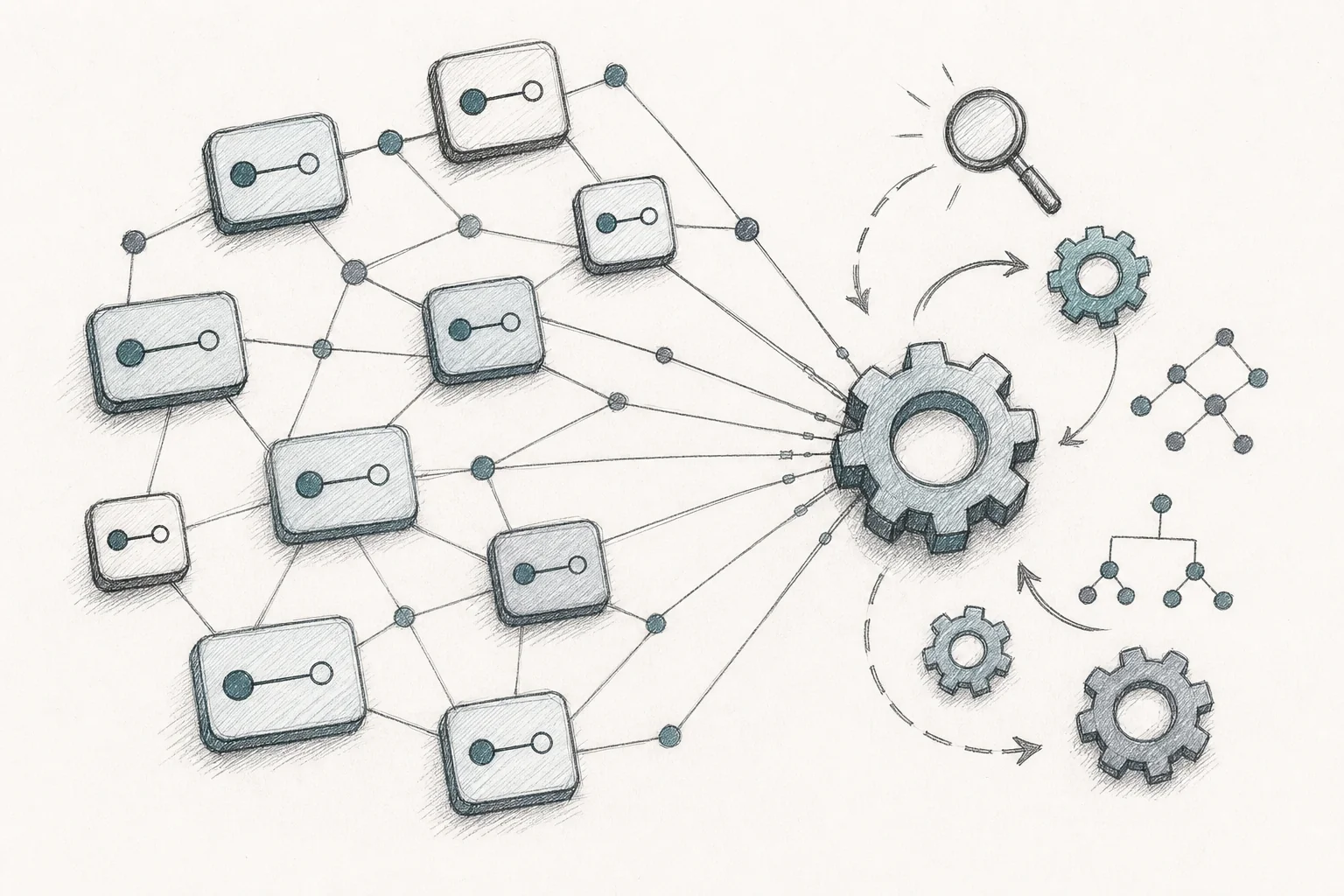 Sketch of API endpoint nodes automatically connecting into a central hub, representing auto-discovery of a SaaS data model