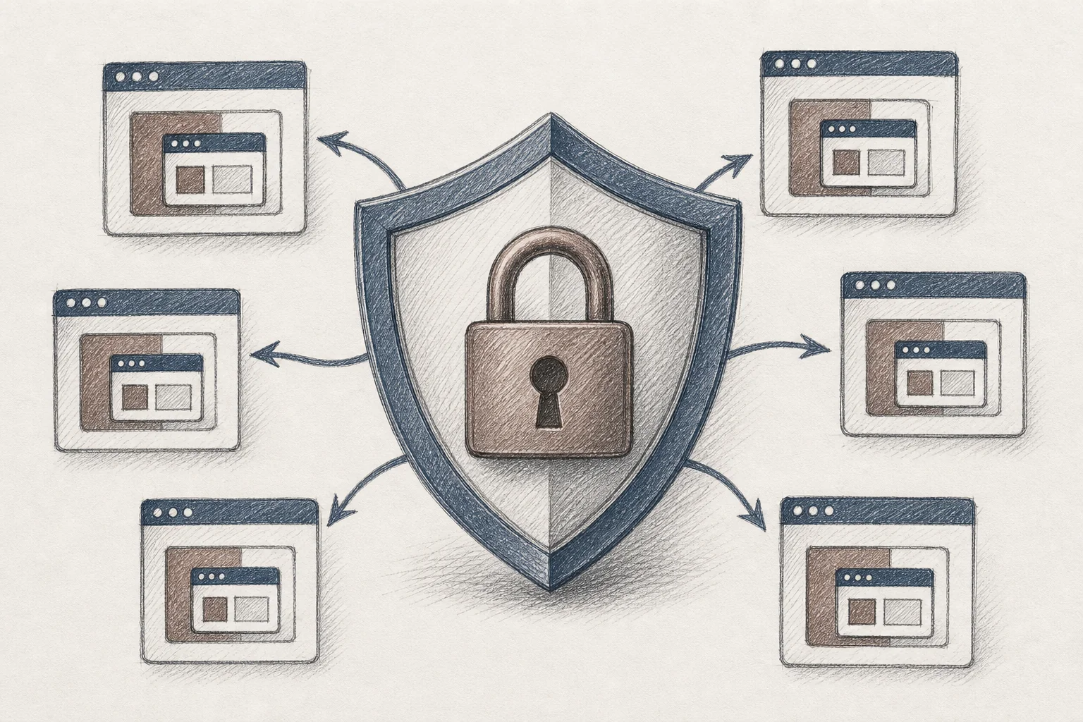 Sketch of a shield and padlock with permissions flowing outward into smaller embedded application modules