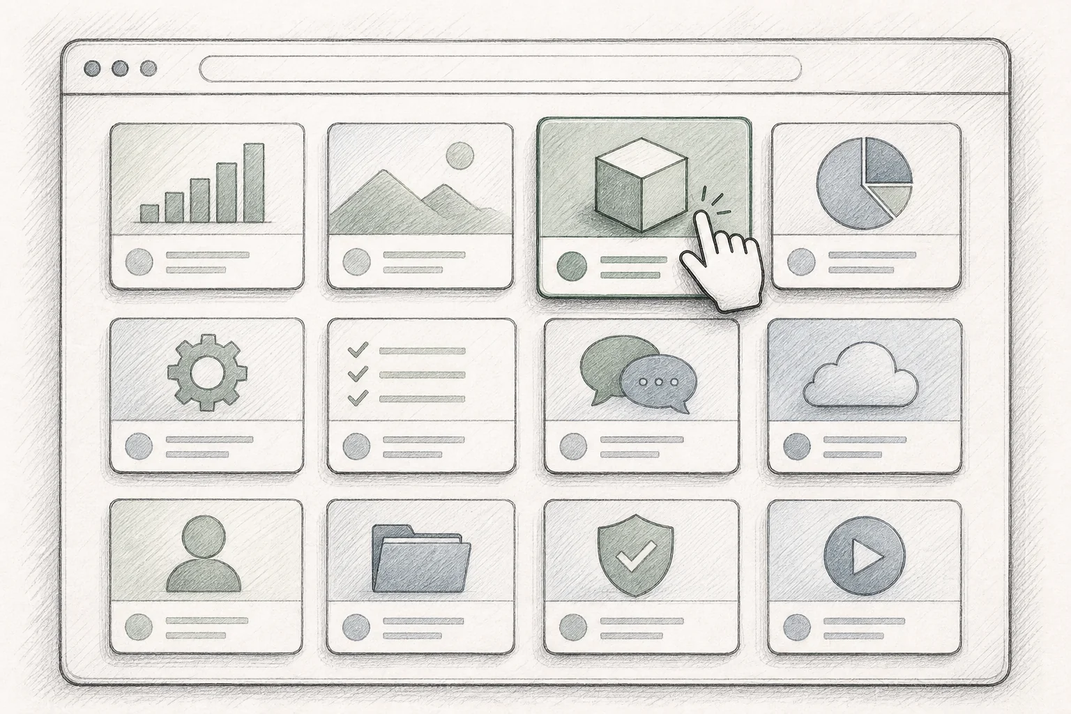 Sketch of a grid of small app cards inside a marketplace interface being browsed and installed