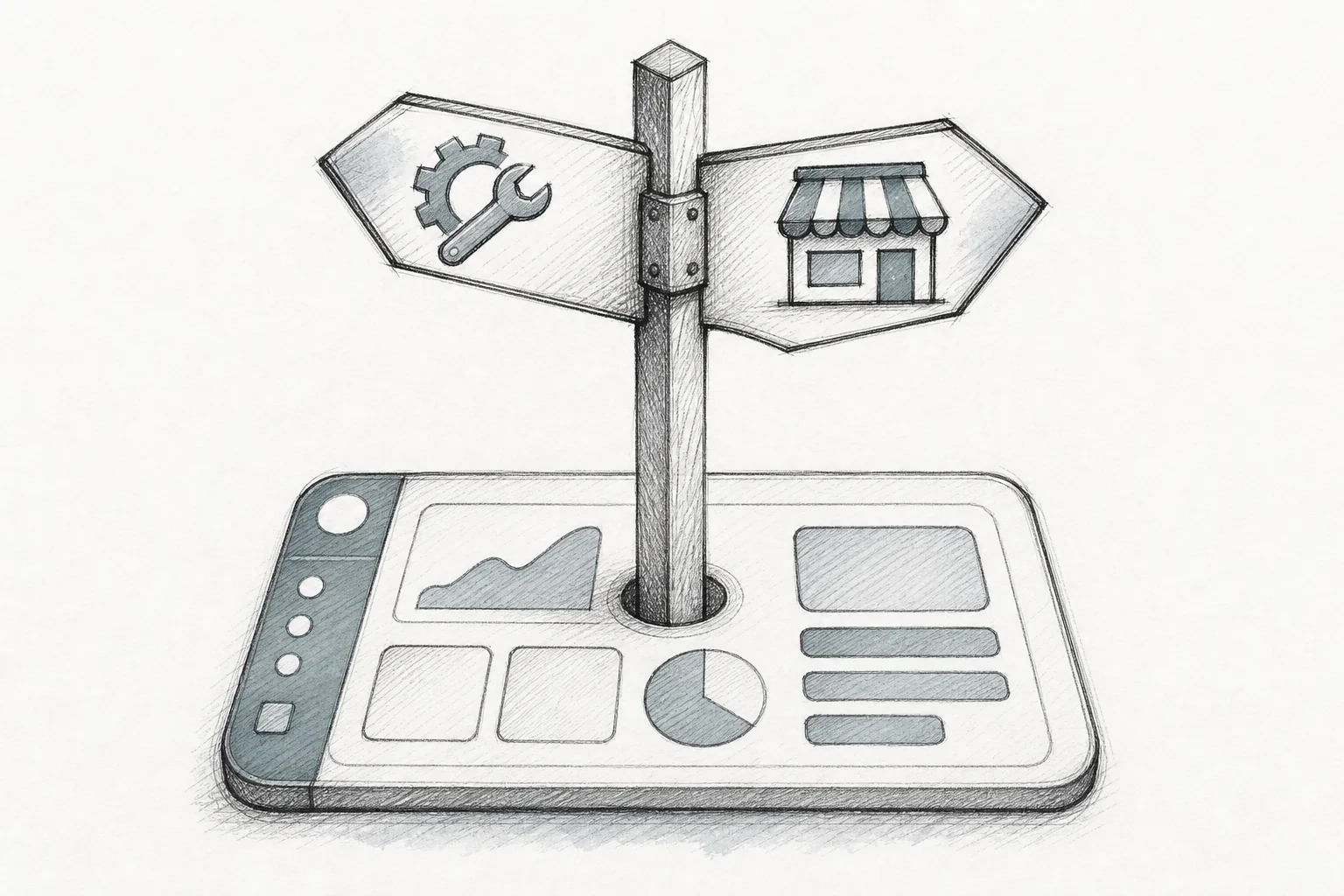Sketch of a signpost with two arms, one pointing to a gear icon for internal tools and one to a marketplace icon for customer-facing extensions, rooted in a shared software dashboard