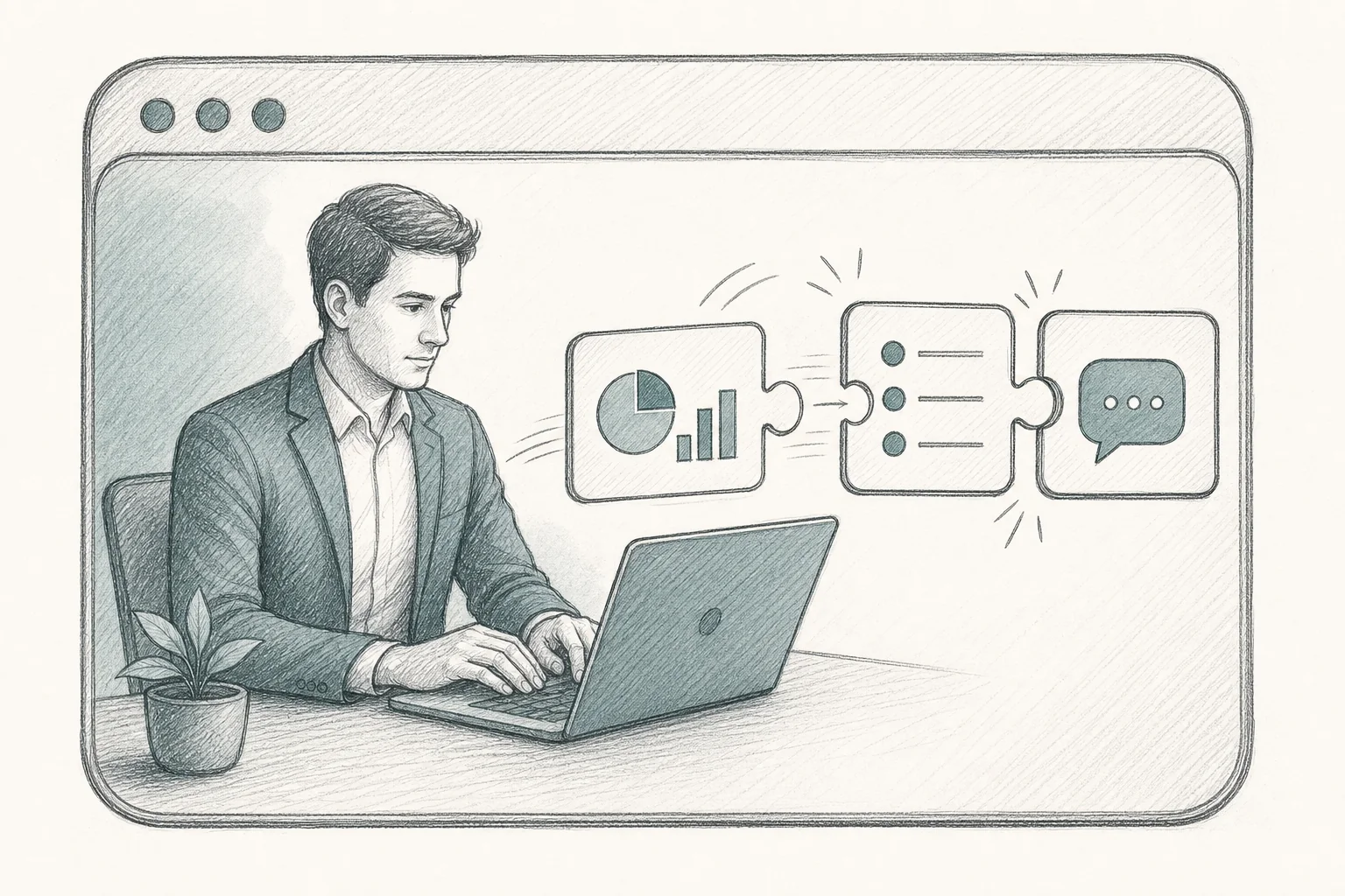 Sketch of a person describing a workflow in plain English inside a SaaS dashboard, with small app icons for a checklist, chat, and dashboard snapping into the interface