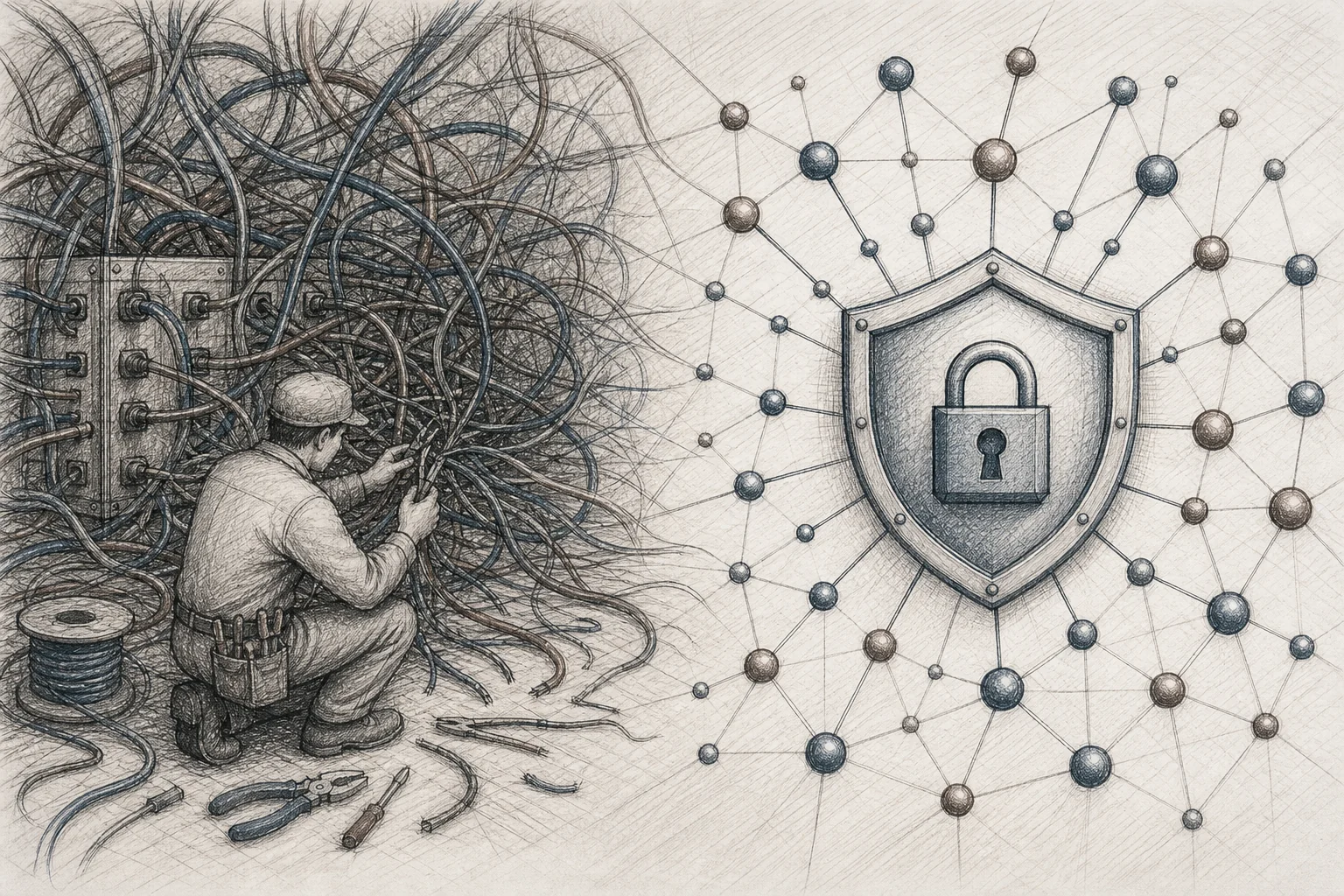 Sketch contrasting a tangle of manually wired connections built by an engineer against a clean self-organizing network with an inherited security lock