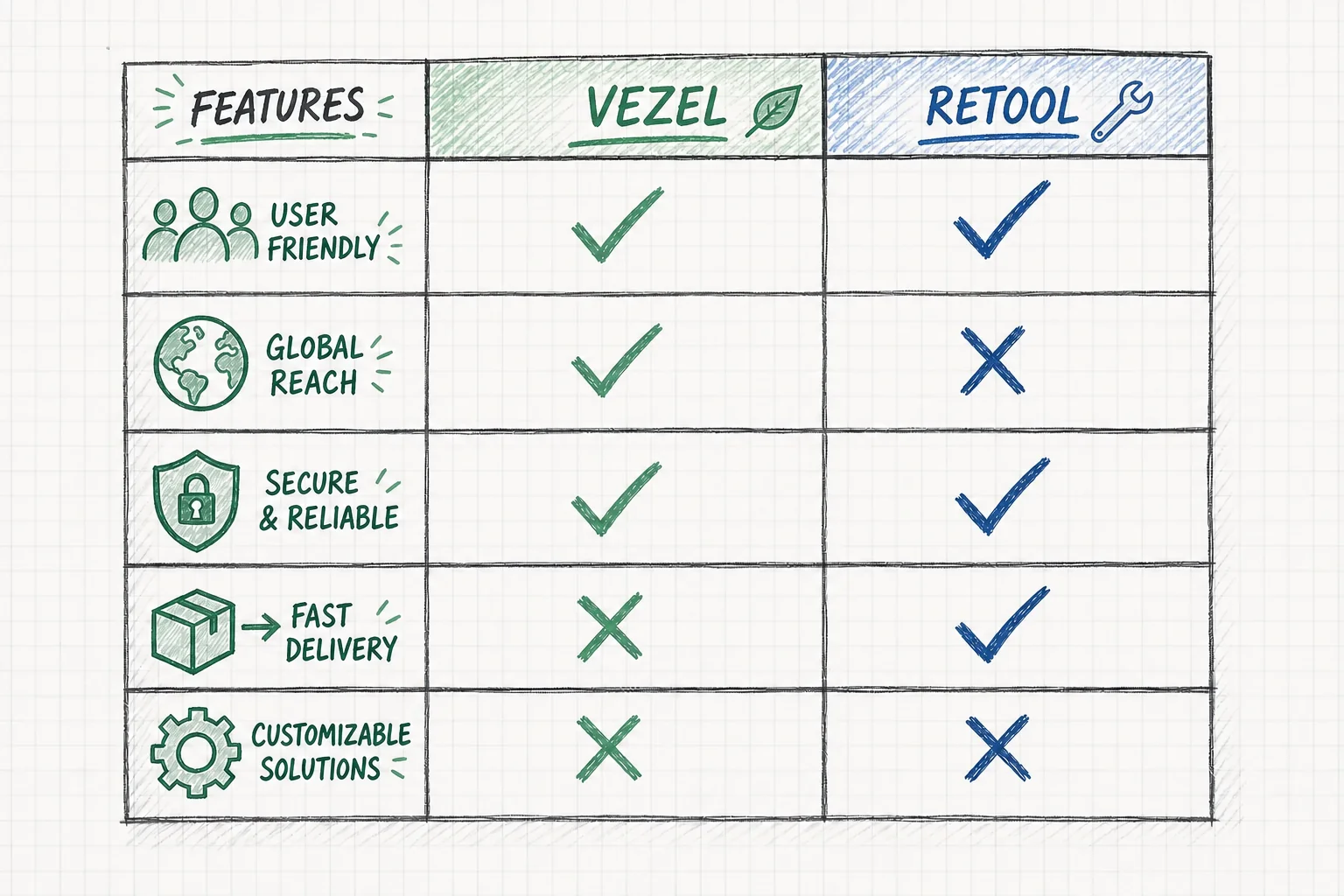Hand-drawn comparison scorecard showing five evaluation dimensions between Retool and embedded extensibility platforms