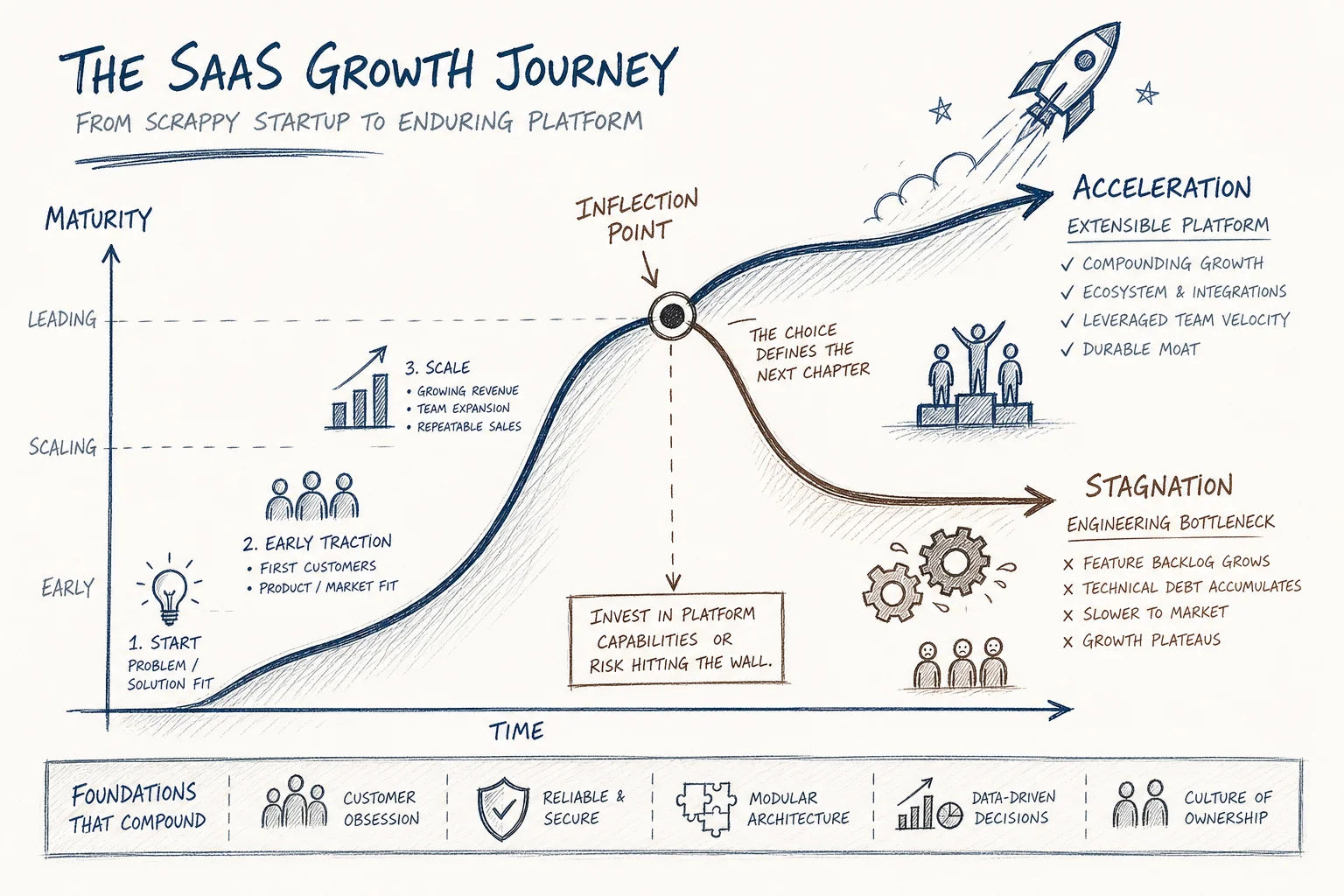 Hand-drawn maturity curve showing the inflection point where embedded extensibility becomes the right choice for scaling SaaS companies