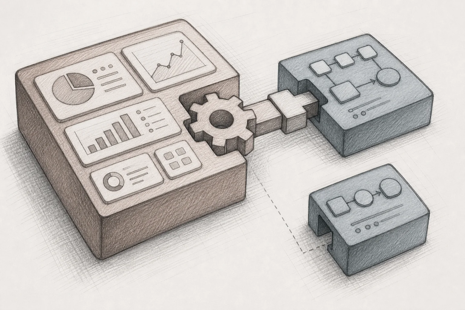 Sketch illustration of an API bridge connecting a host SaaS platform to a generated workflow module, contrasted with a disconnected standalone tool
