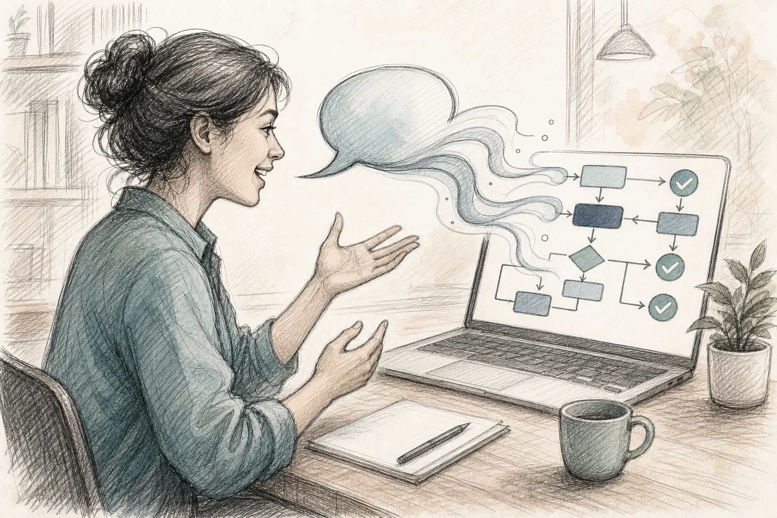 Sketch of a person describing a workflow in plain language that transforms into a structured approval flowchart on a laptop screen