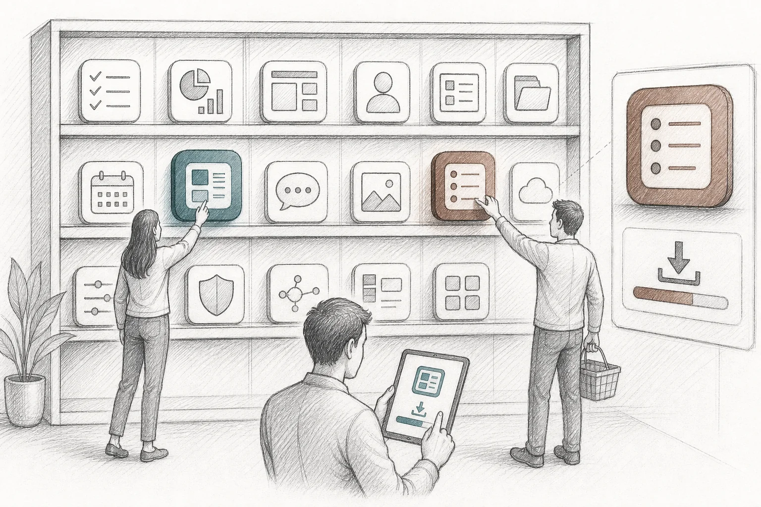 Sketch of a marketplace shelf displaying small workflow app icons being browsed and installed by user figures