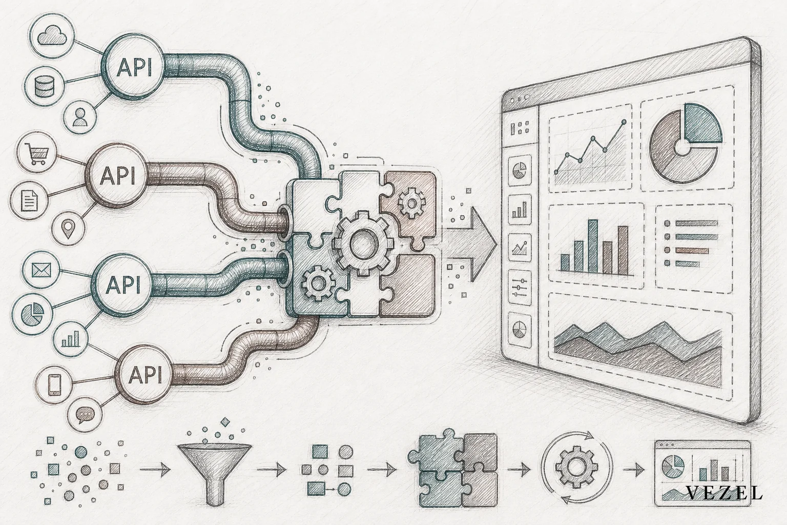 Sketch of API endpoints connecting to a dashboard builder interface. sketch style hand-drawn line art, pencil sketches with crosshatching, minimal color accents in #38555e and #64524d, depicting an abstract diagram of interconnected API