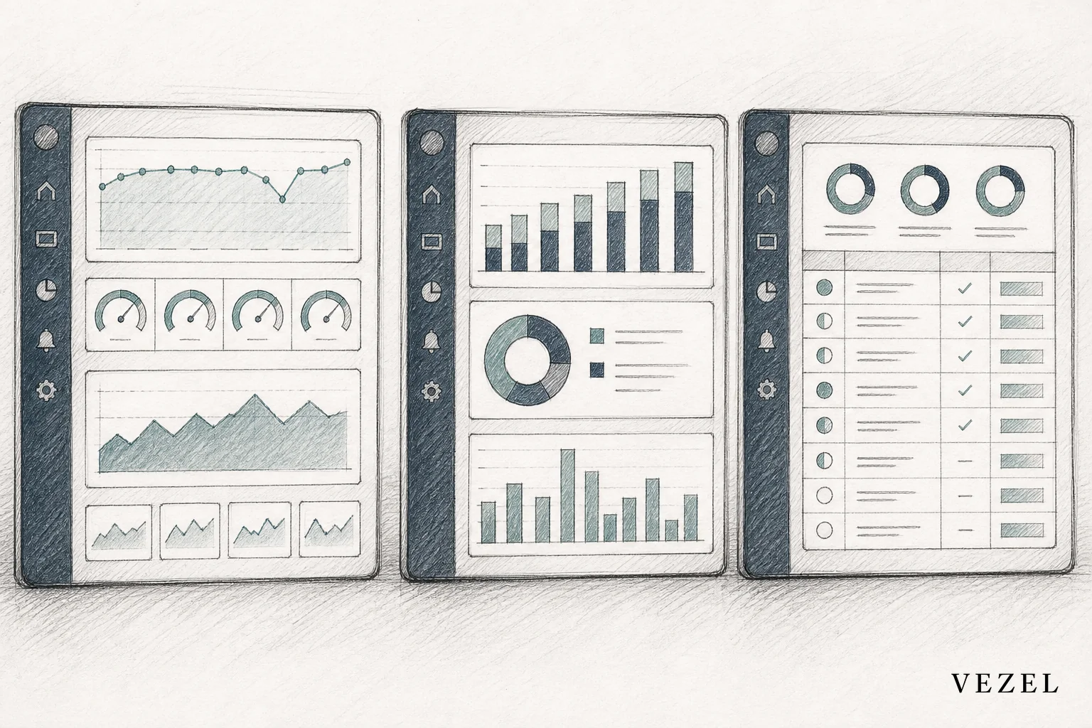 Sketch of three different dashboard styles representing carrier, MVNO, and enterprise IT views. sketch style hand-drawn line art, pencil sketches with crosshatching, minimal color washes in #768d8c and #2a4055, showing three side-by-side