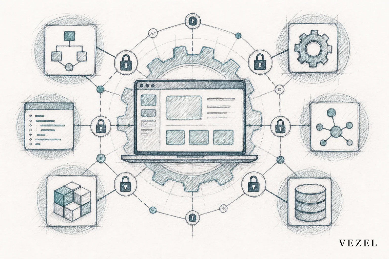 Sketch showing connected gears and API nodes linking a host application to generated extension modules. sketch, hand-drawn line art pencil sketch with crosshatching, minimal color palette of #38555e and #768d8c, an illustration of